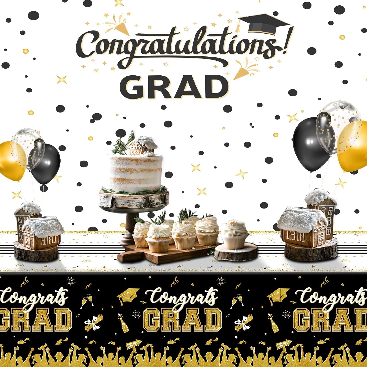 Chiazllta 3 Piece Black Gold Graduation Tablecloths