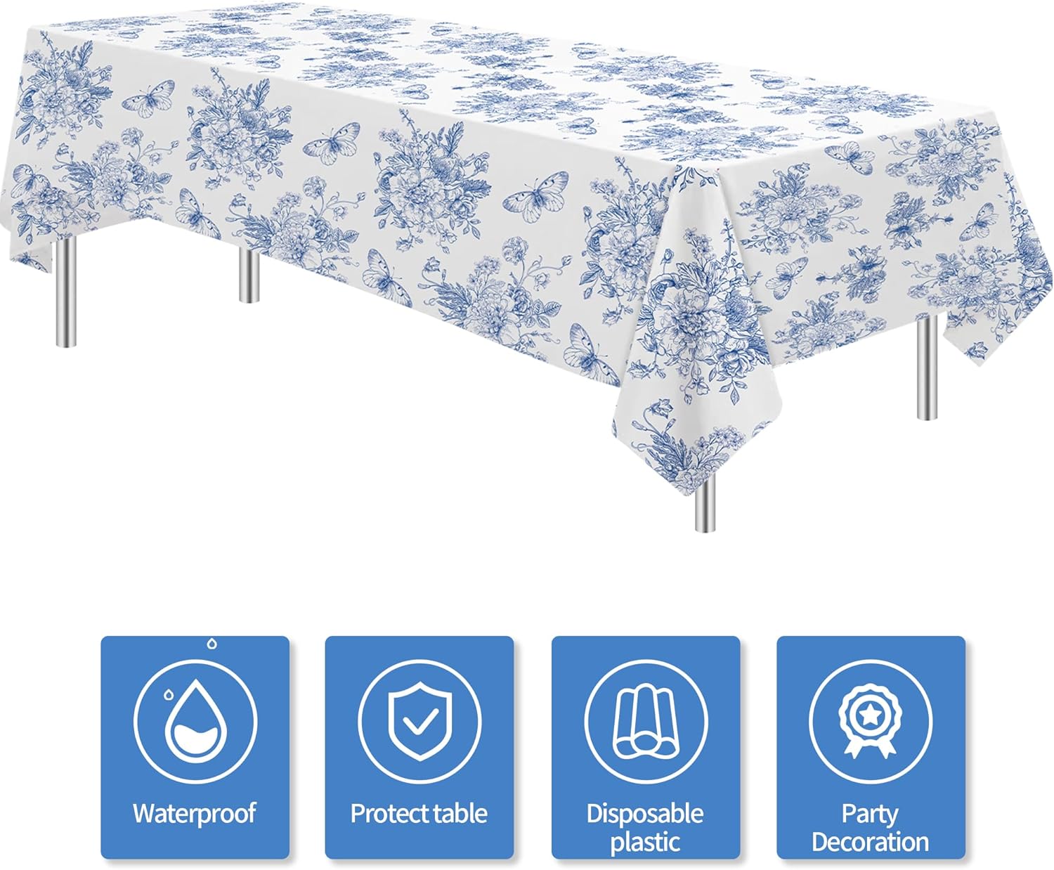 Blue and White Floral Tablecloths 3pcs Disposable Party Decorations