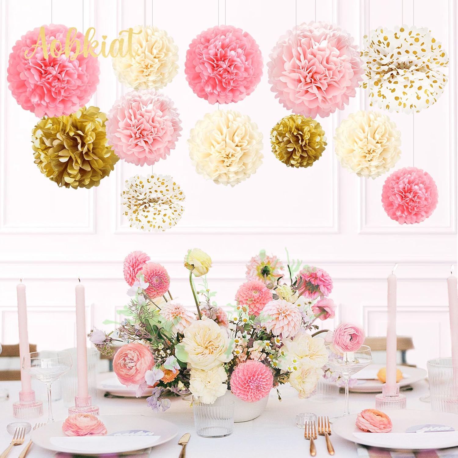 AOBKIAT Pink Gold Tissue Paper Pom Poms Set 12PCS
