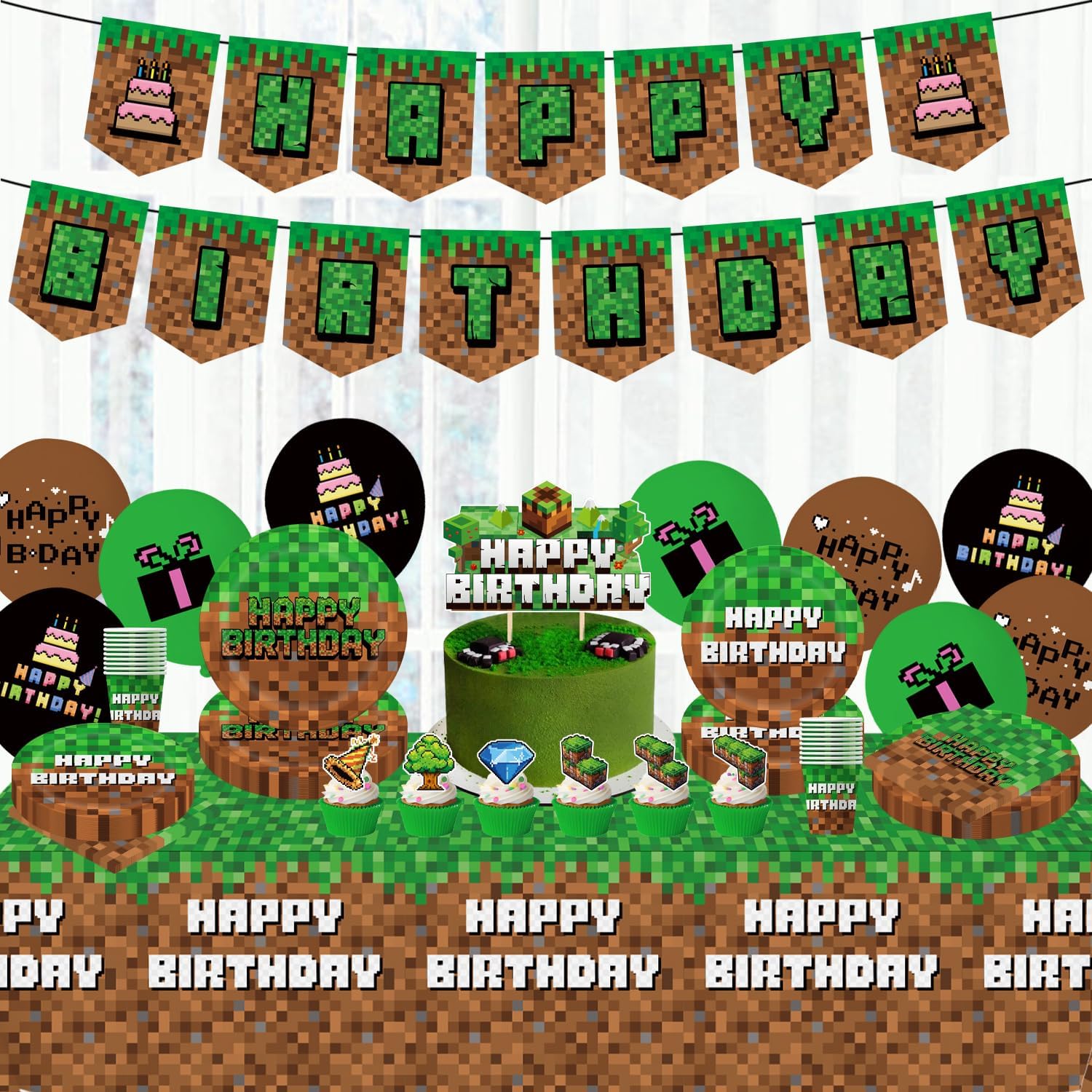 Green and Brown Video Game Birthday Party Decor Set 104Pcs