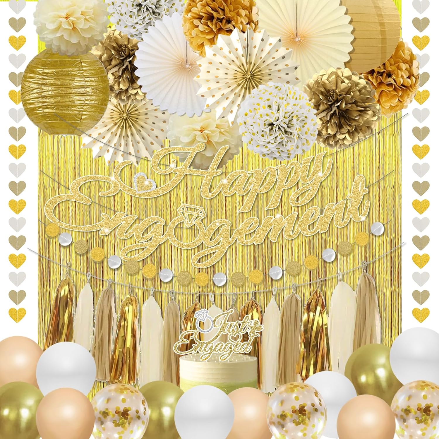Gold Engagement Party Decorations with Happy Banner and Lanterns