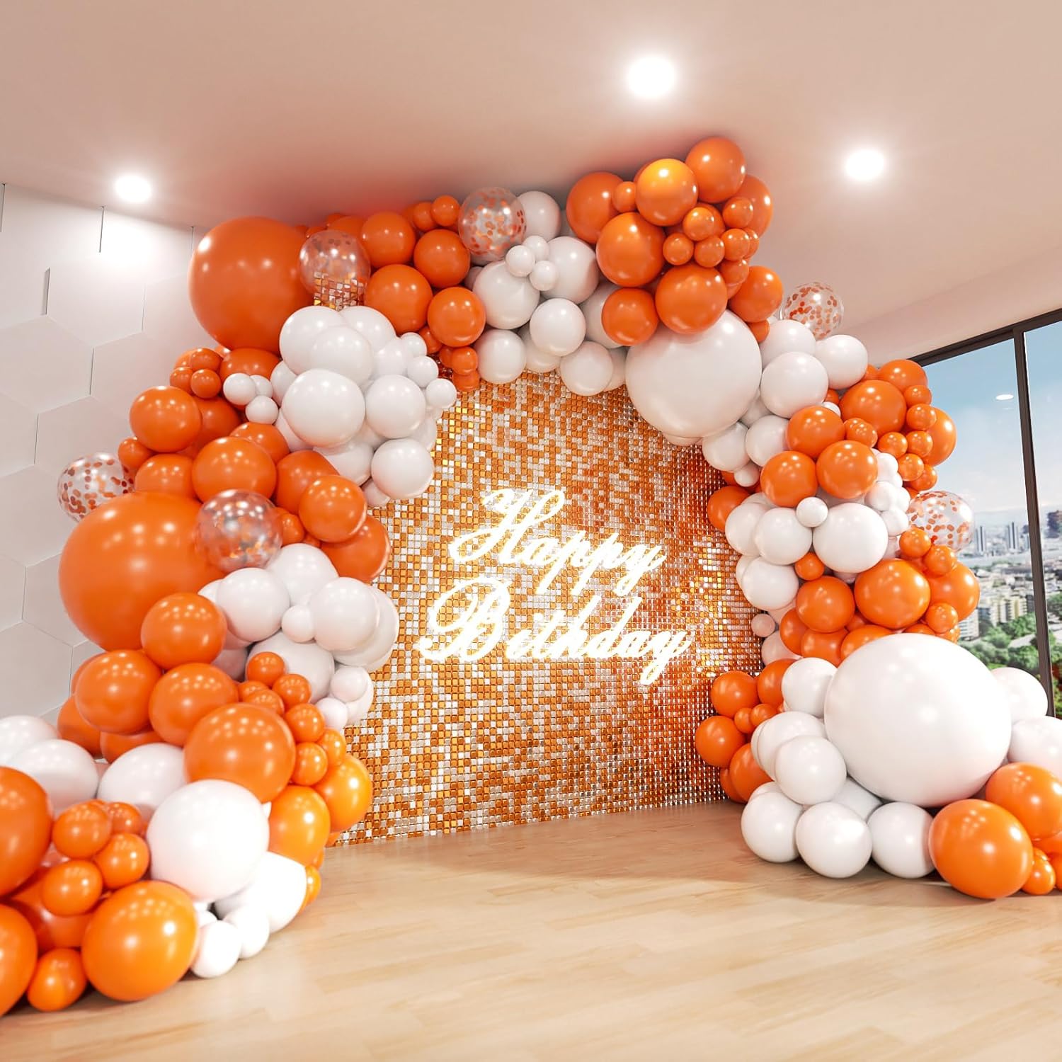 Orange and White Balloon Arch Kit 140Pcs with Garland Strip and Glue Dots