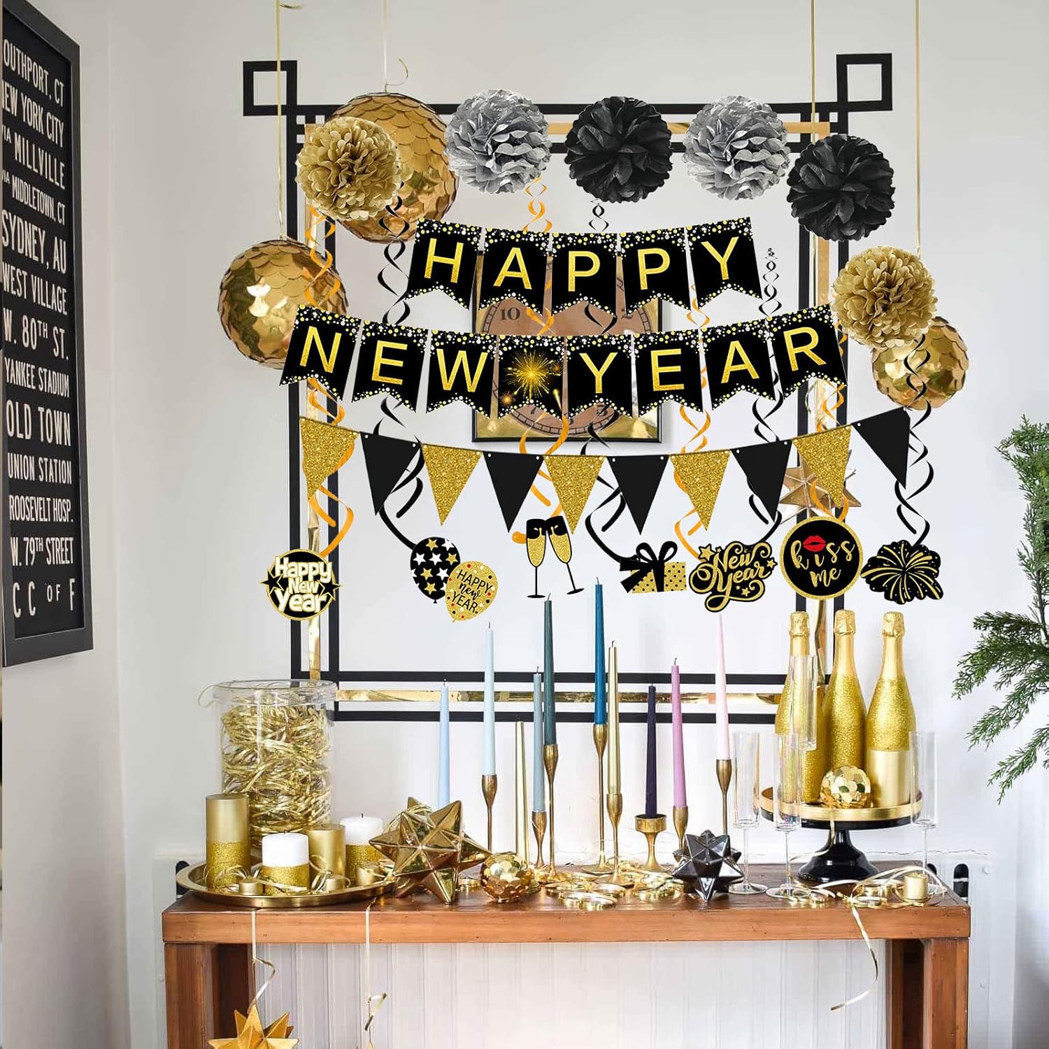 Happy New Year Banner Triangle Flag with Pom Poms and Swirls Garland