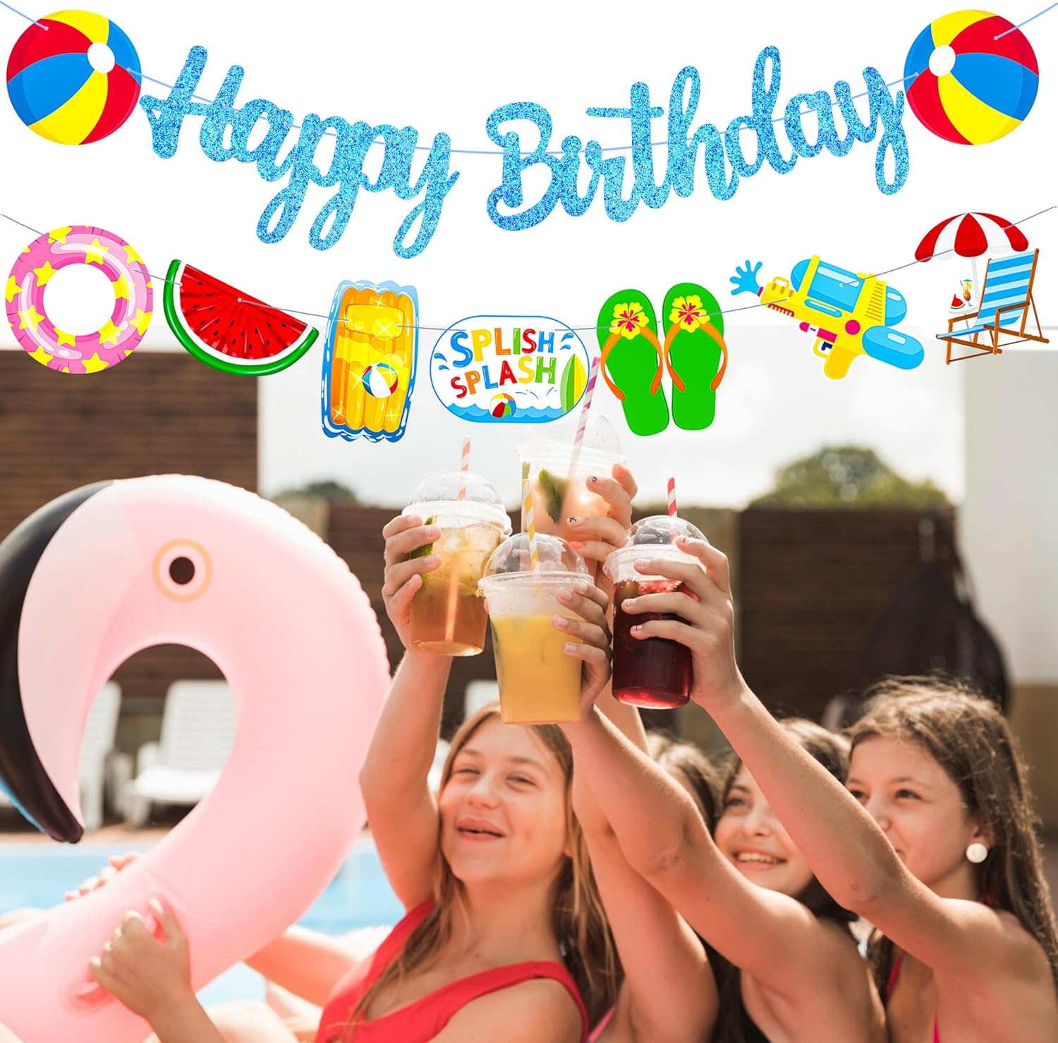 Glitter Blue Pool Birthday Banners with Cutouts