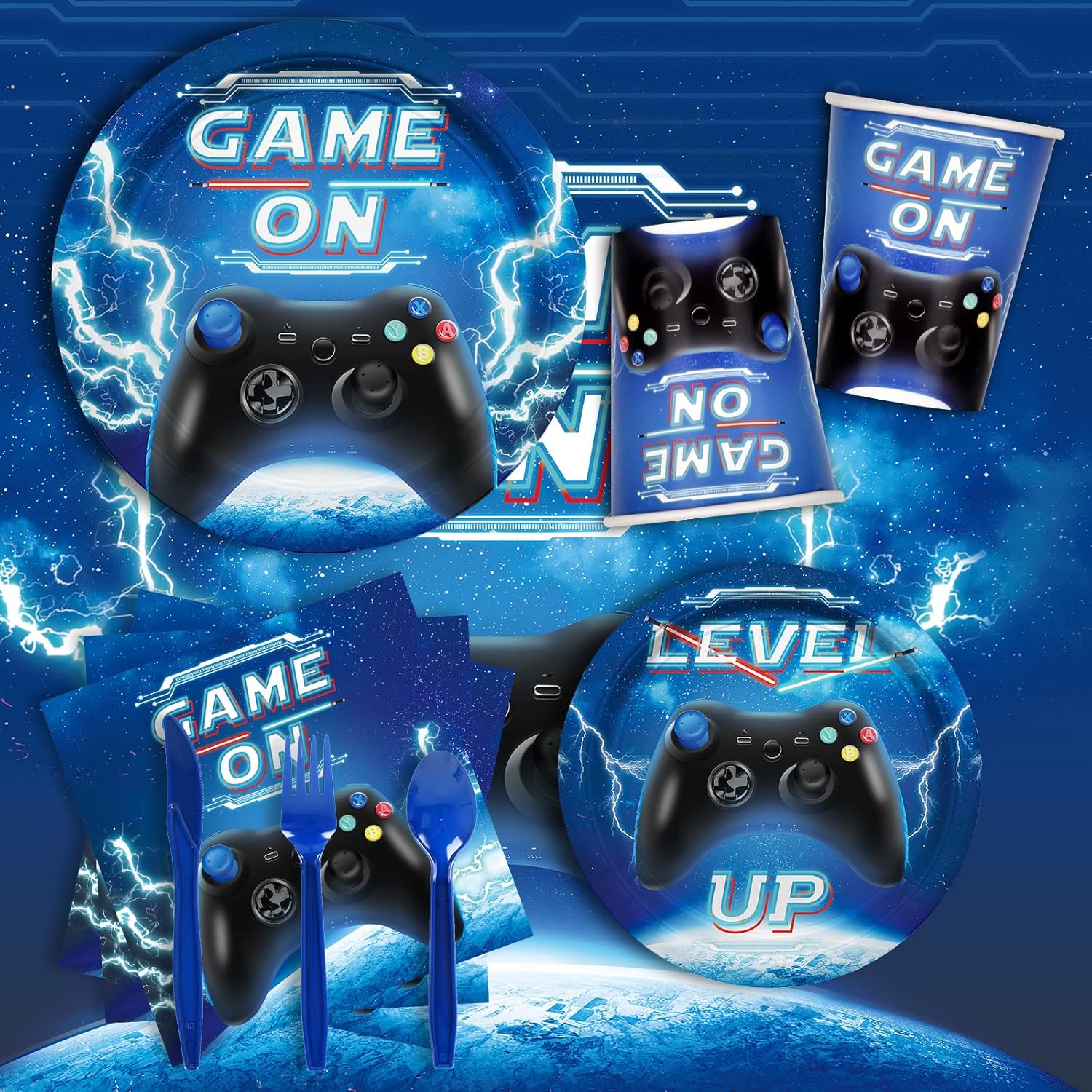 Video Game Party Kit for 25 Includes Plates Cups Cutlery Tablecloth Banner