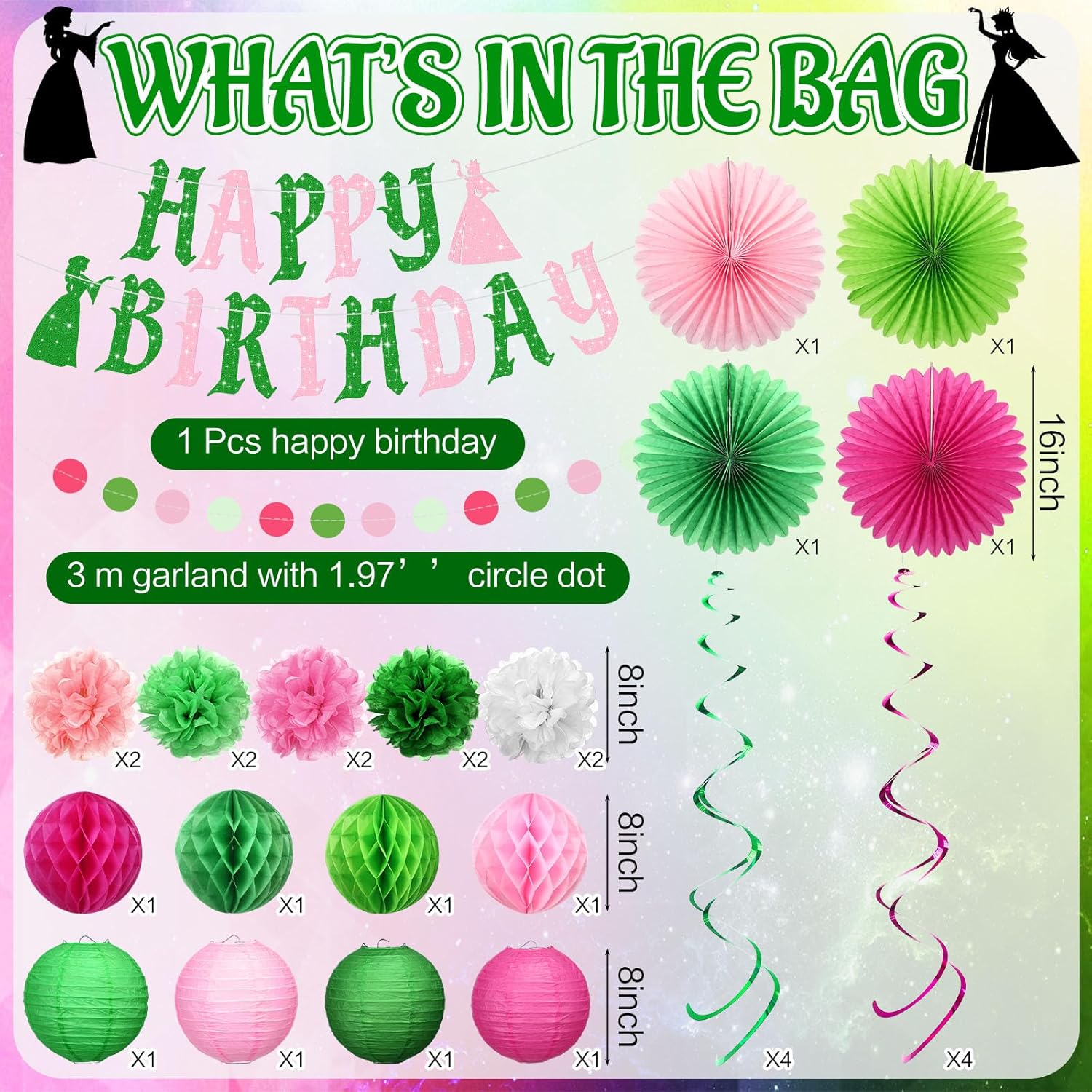 Pink and Green Witch Birthday Decorations Set of 28