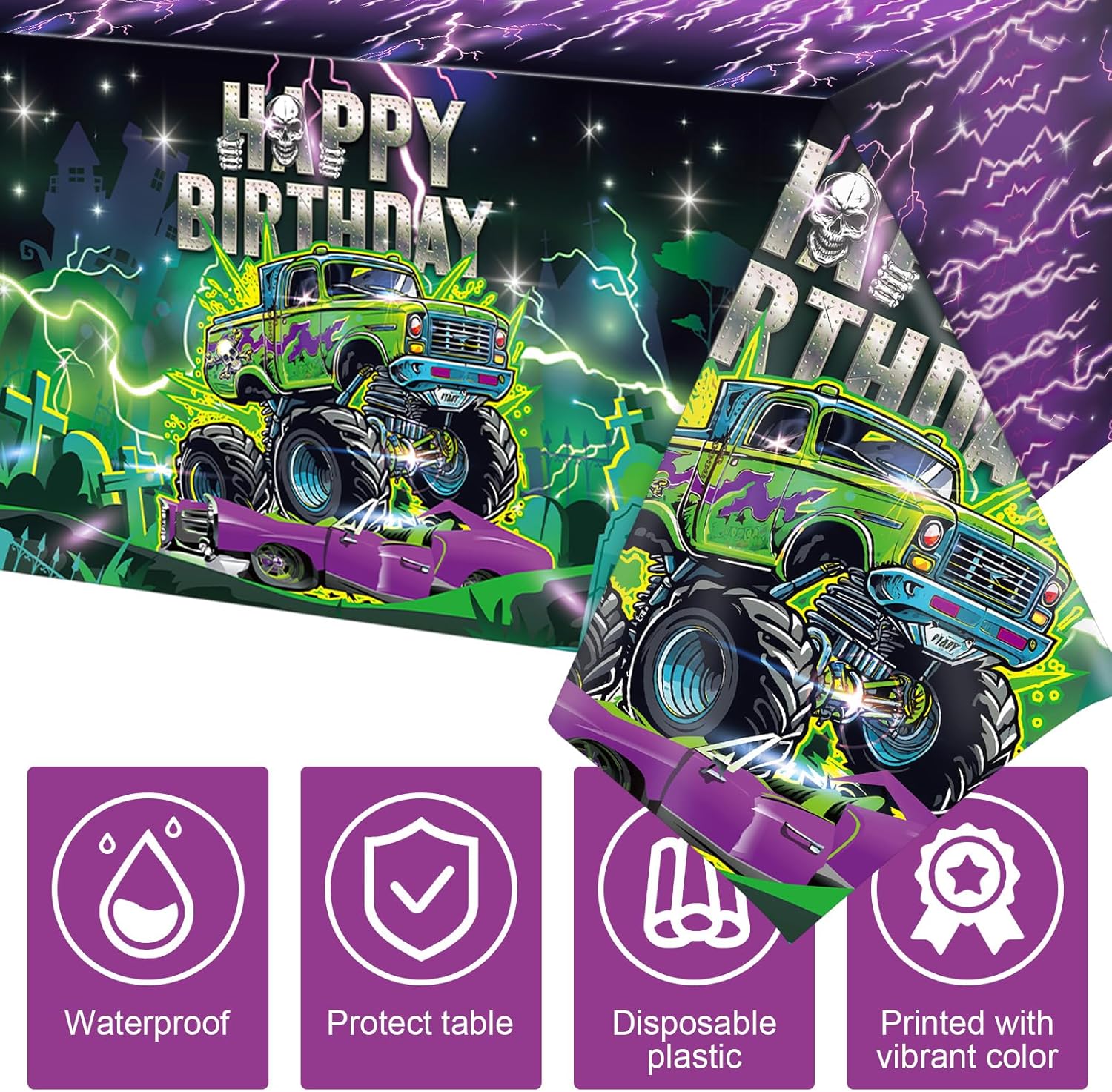3 Monster Truck Birthday Tablecloths 54x108 Inch Party Covers