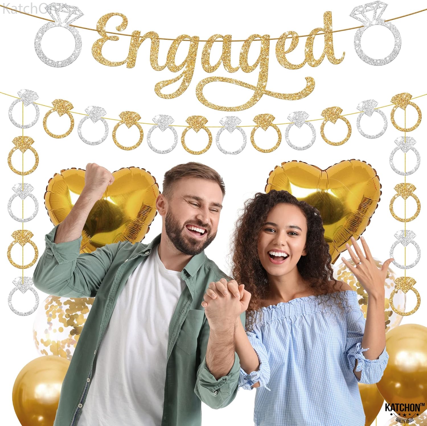 KatchOn Gold and Silver Glitter Engagement Banner - 10 Feet 2 Strings No DIY