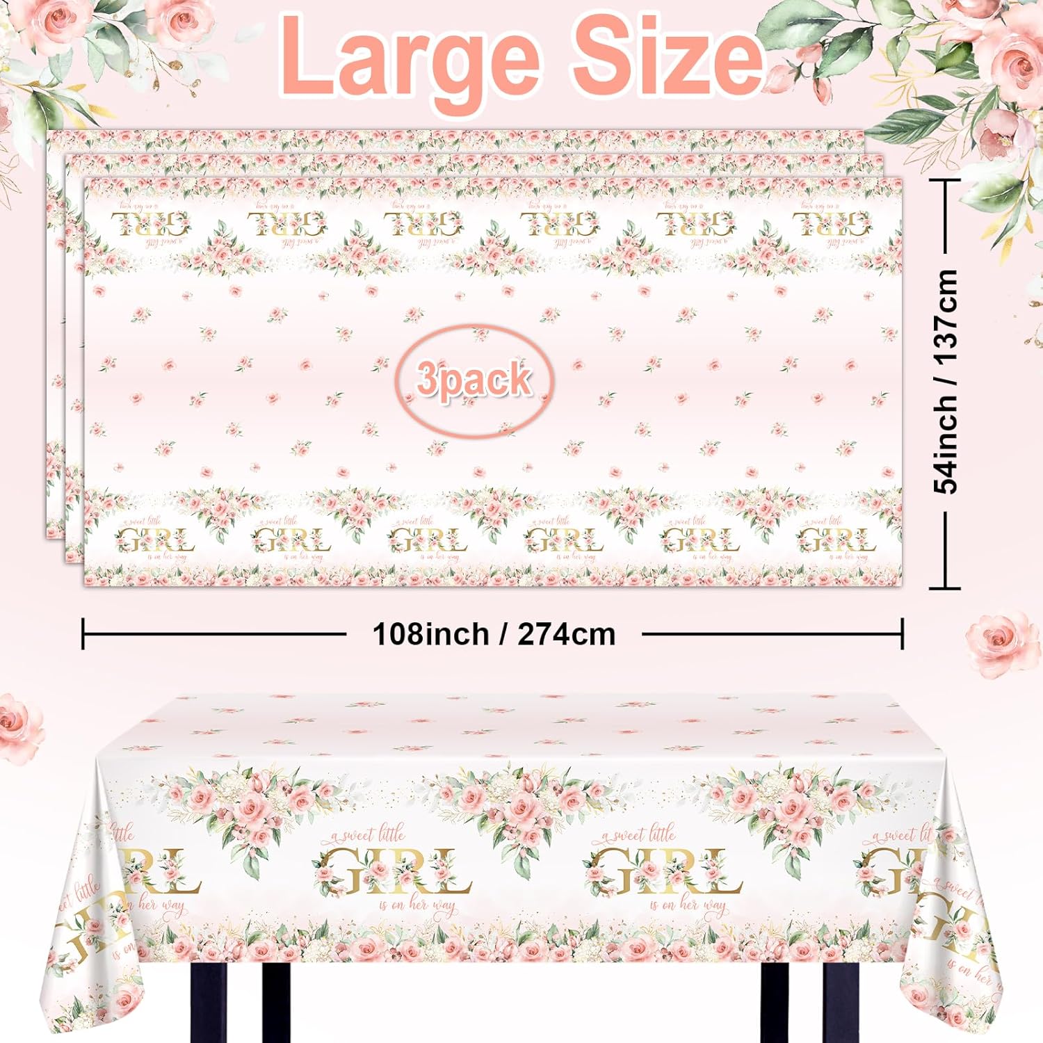 Avezano 3 Pcs Pink Floral Baby Shower Tablecloth 108x54 Inch