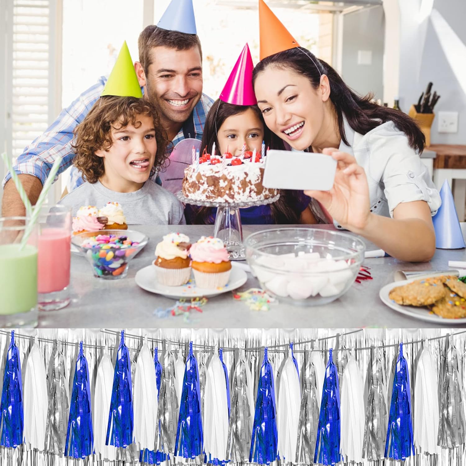 4P Navy Blue White Silver Metallic Tassel Garland Banner Set
