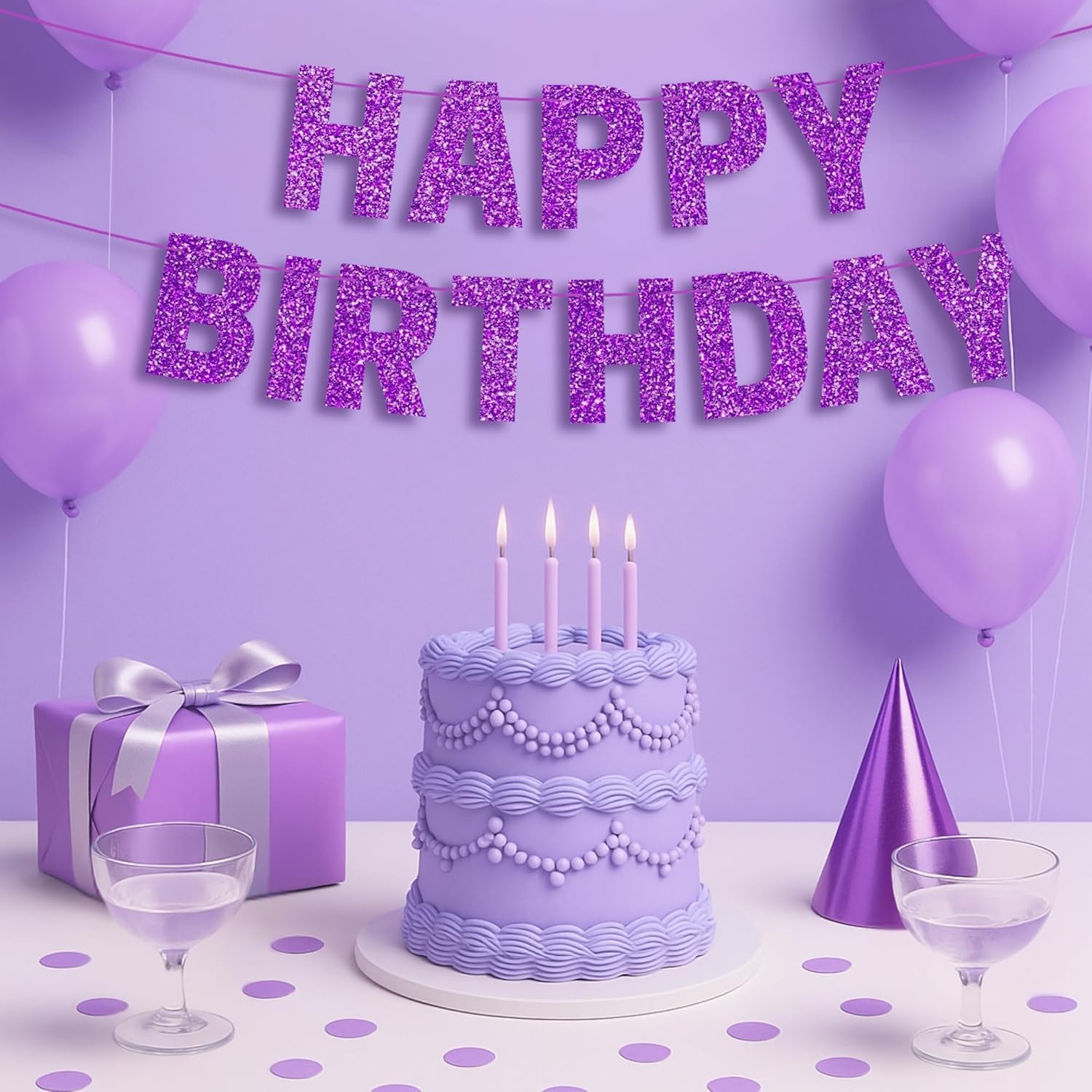 Pre-Strung Purple Glitter Happy Birthday Banner for Girls Women