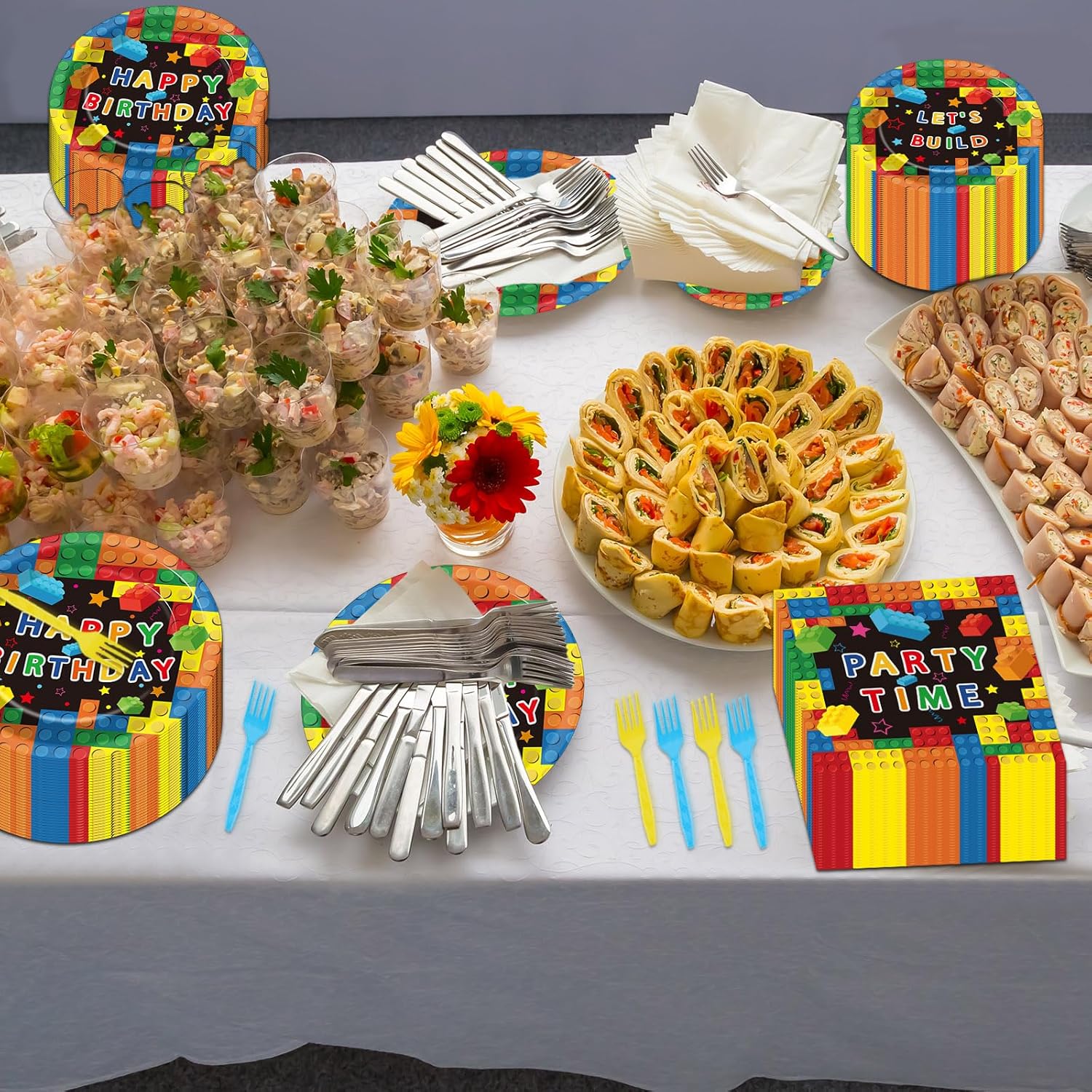 200 Pcs Building Block Party Plates Napkins Forks Set