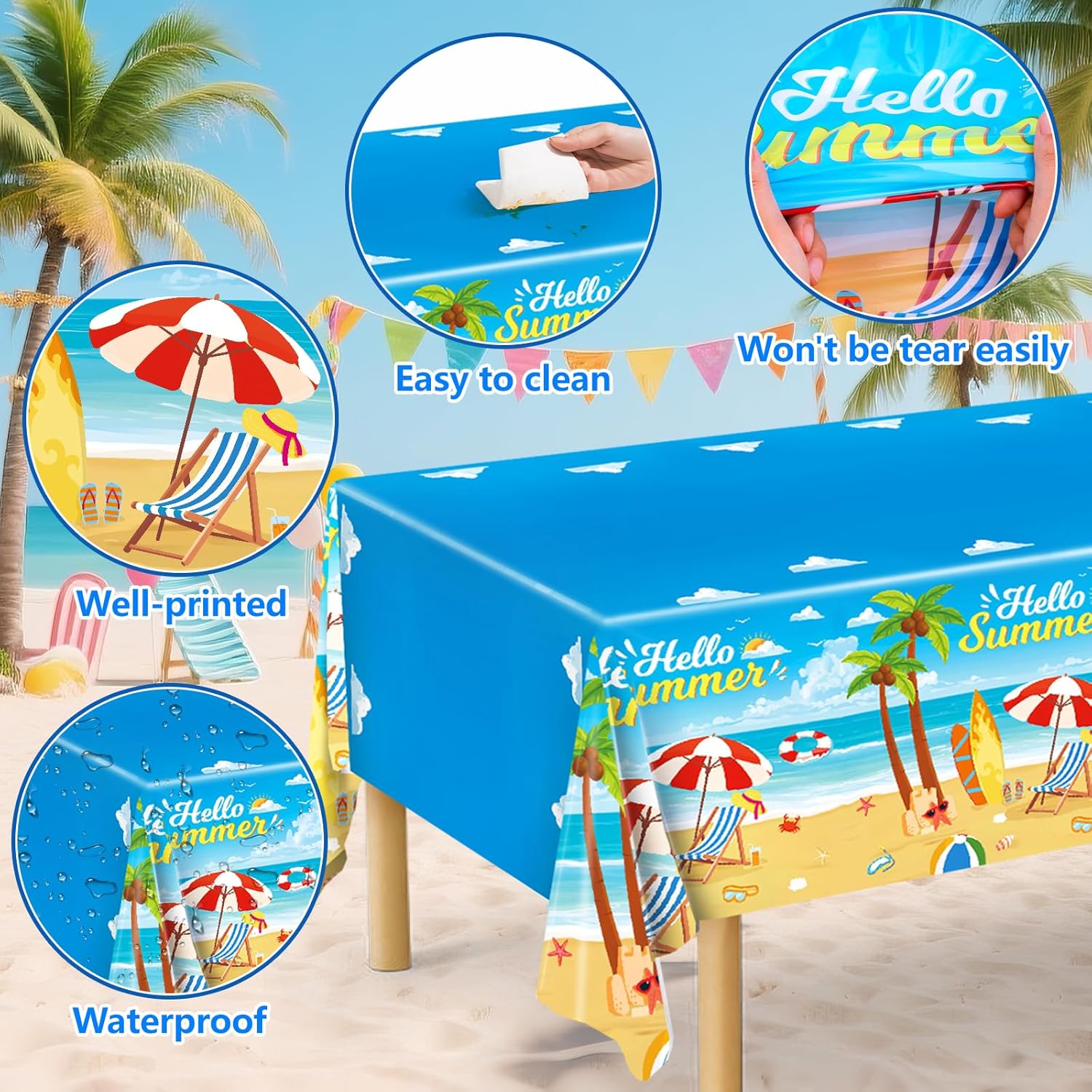 3pcs Beach Tablecloth Waterproof Summer Table Cover for Birthday Party