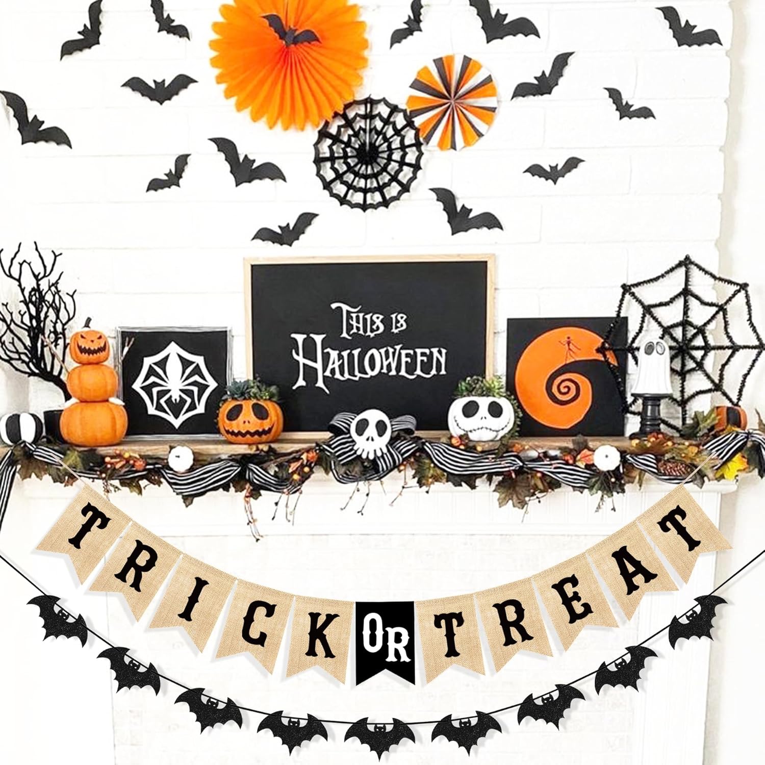 Uniwish Halloween Burlap Glitter Bat Decor Banners