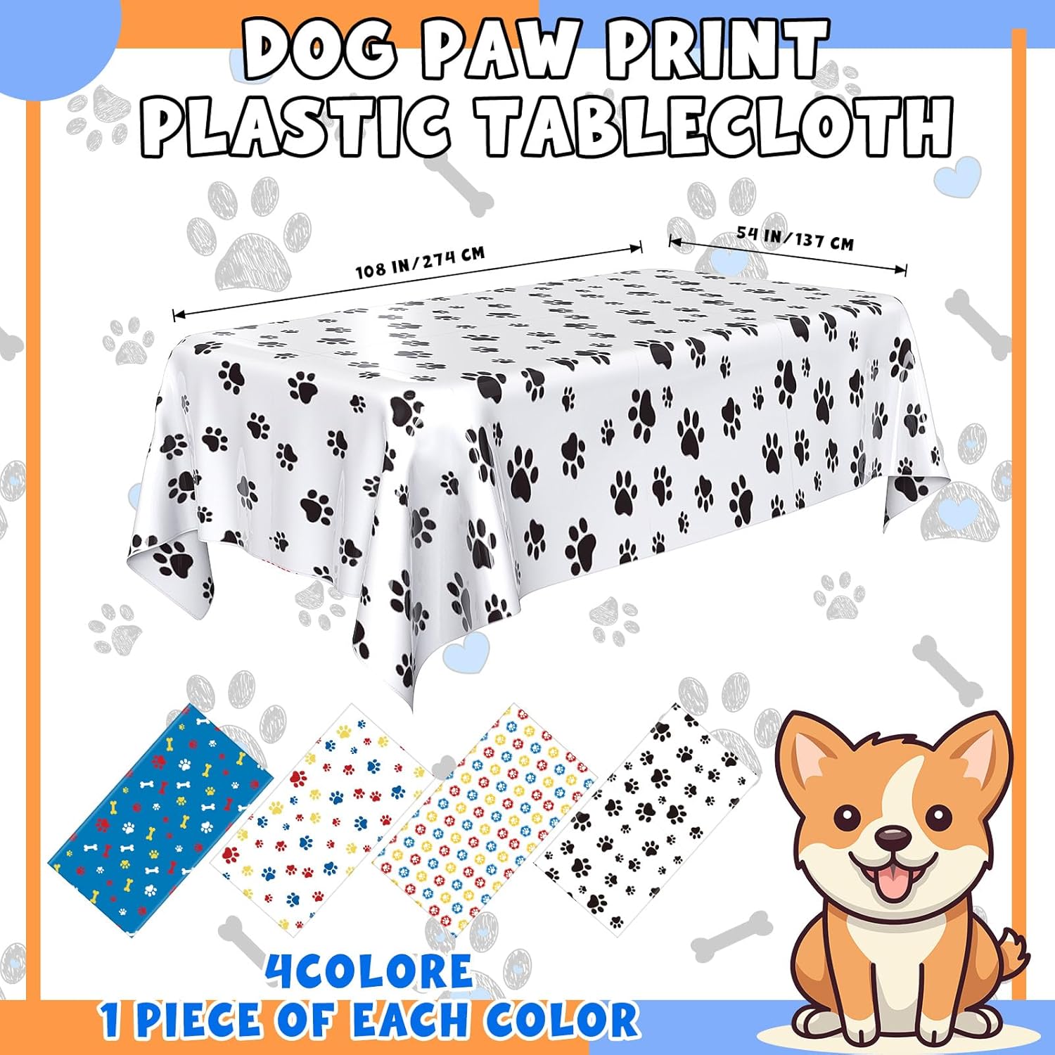 4 Pack Dog Paw Print Tablecloth Dark Blue Red Yellow 54x108 Inches