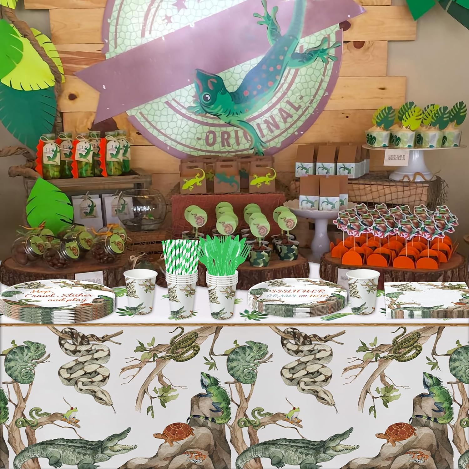 Reptile Birthday Tablecloth Set - 4 Pack 54x108 Inches