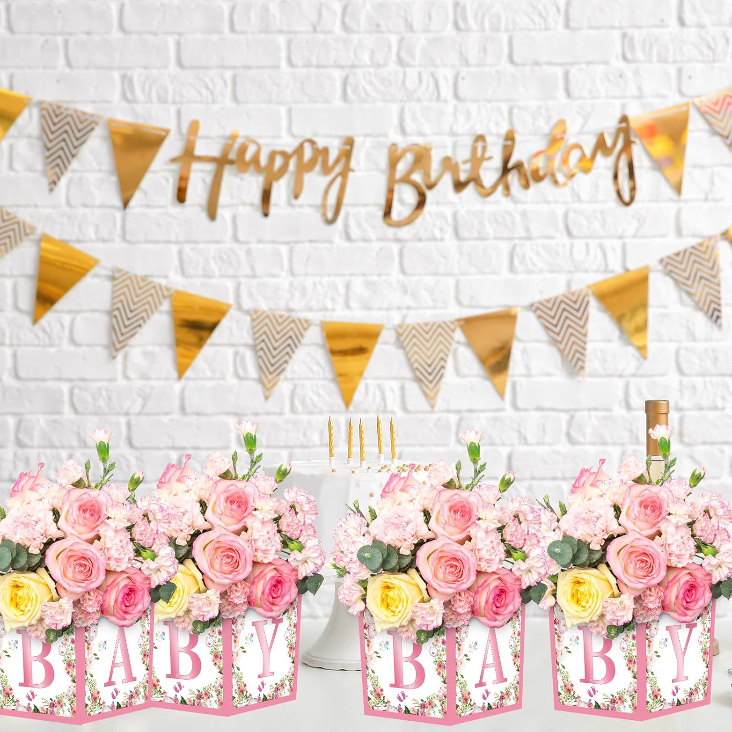 6 Pack 7x7x7 Inch Pink Floral Baby Shower Centerpieces
