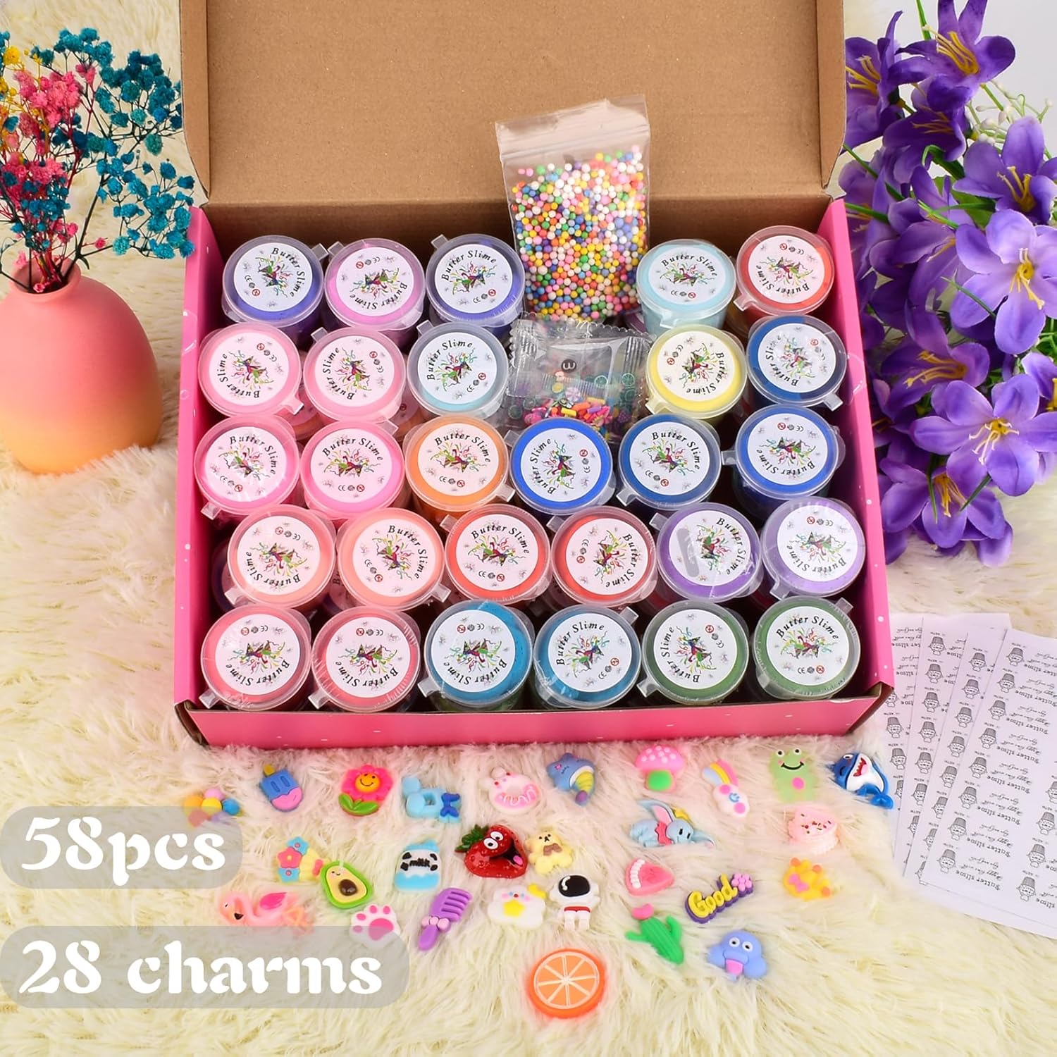 58 Pack Mini Slime Kit with Cute Charms and Stickers