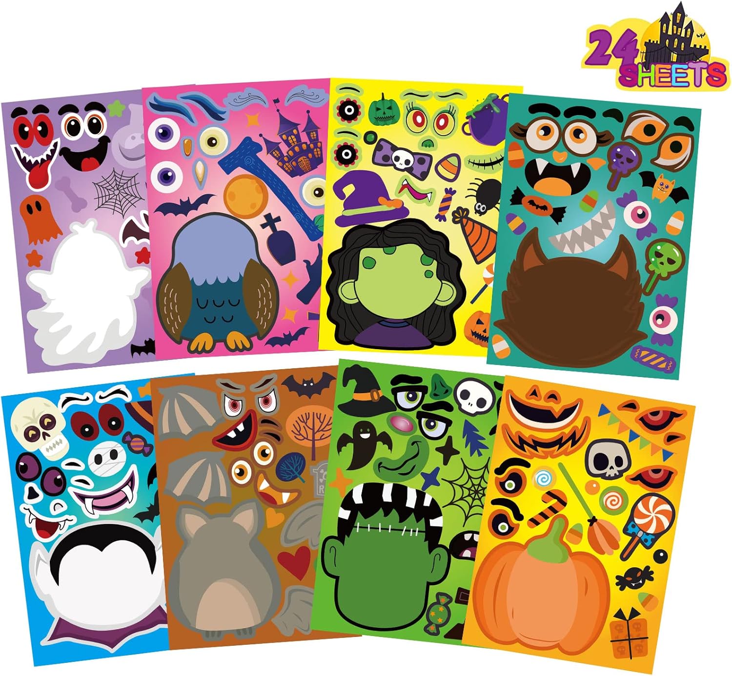 24 Sheets Halloween Stickers - Kids Craft Set with Pumpkin Mummy Zombie Vampire Themes