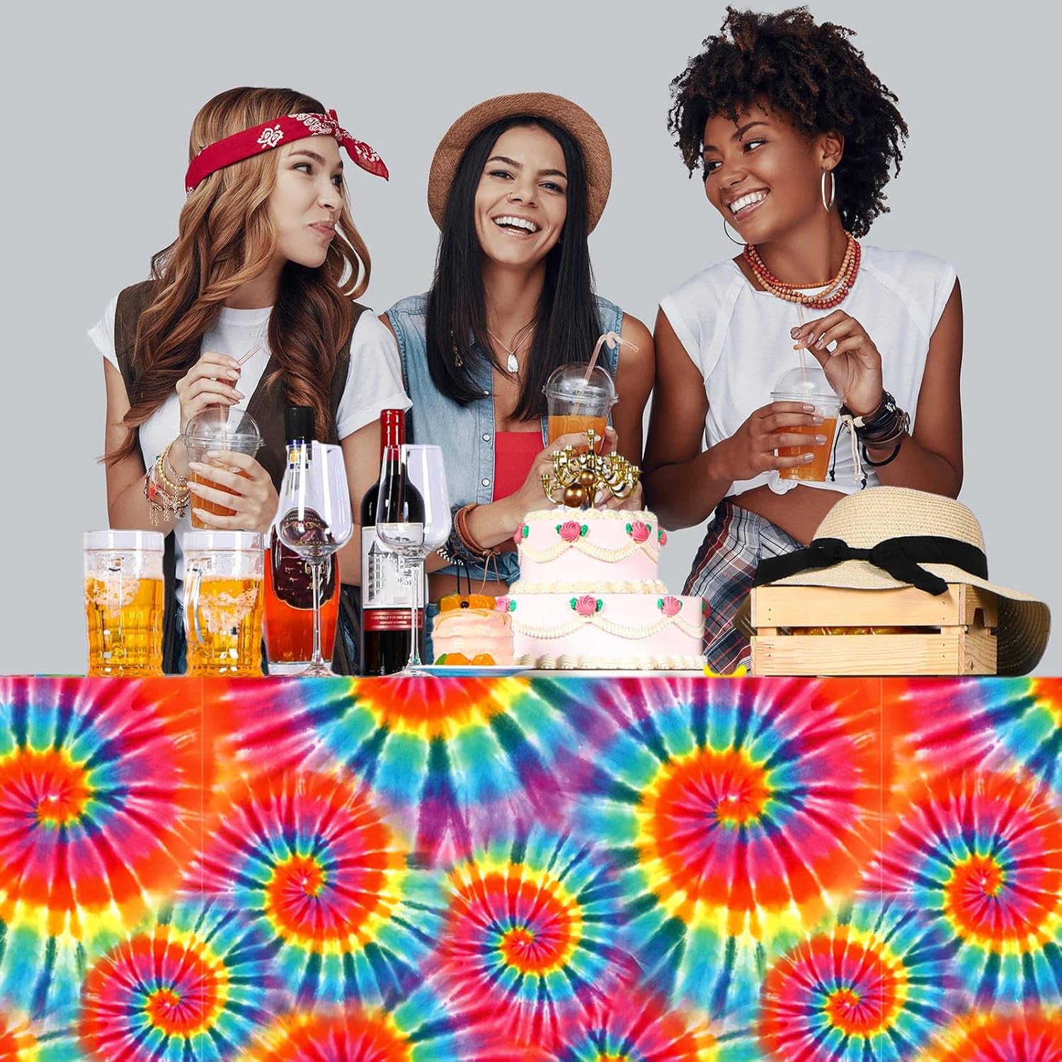 Newwiee Tie Dye Rainbow Tablecloth 54x108 Inch 3 Pcs