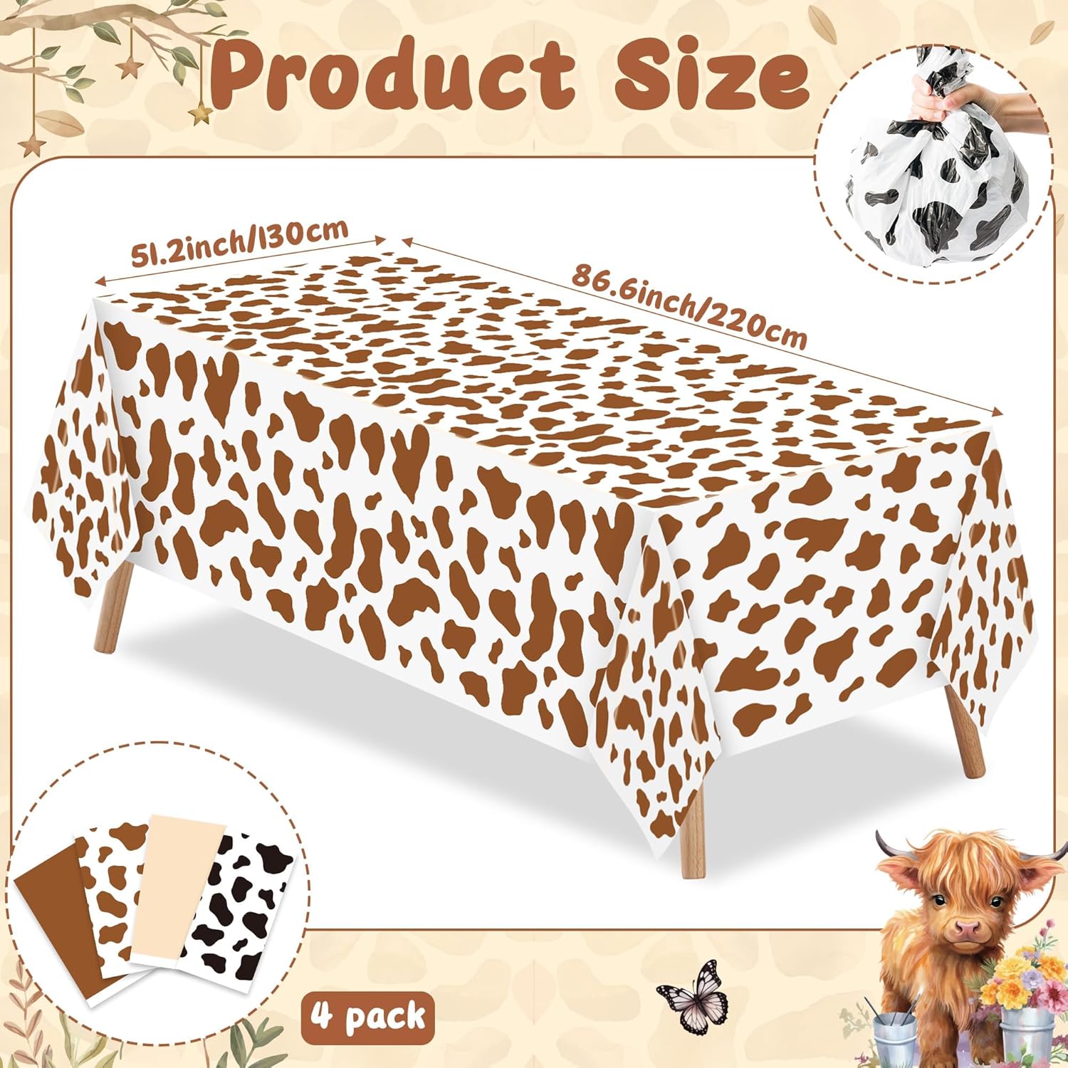 Highland Cow Party Tablecloths 4Pcs Birthday Decor Table Covers