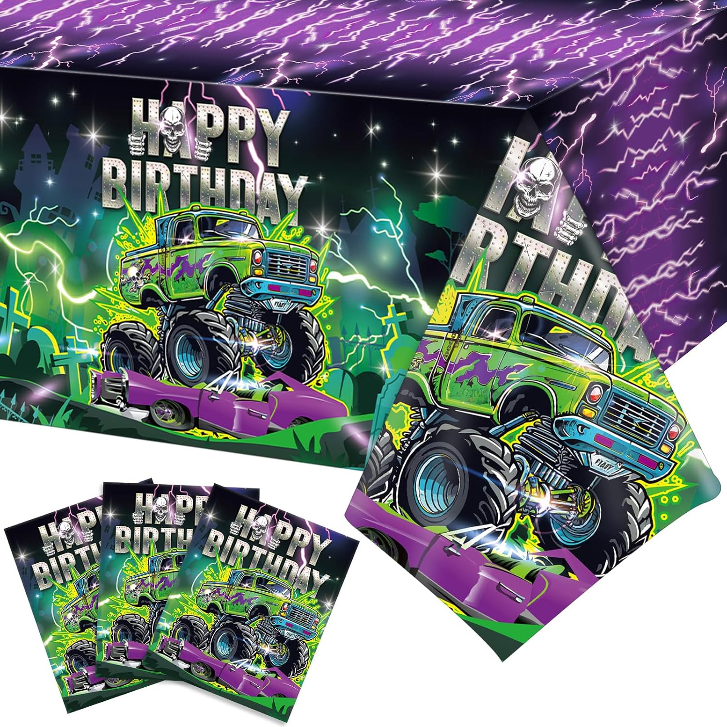 3 Monster Truck Birthday Tablecloths 54x108 Inch Party Covers