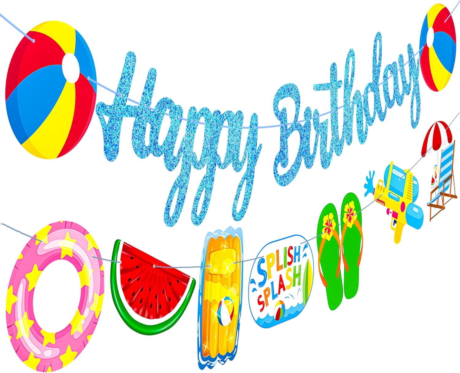 Glitter Blue Pool Birthday Banners with Cutouts