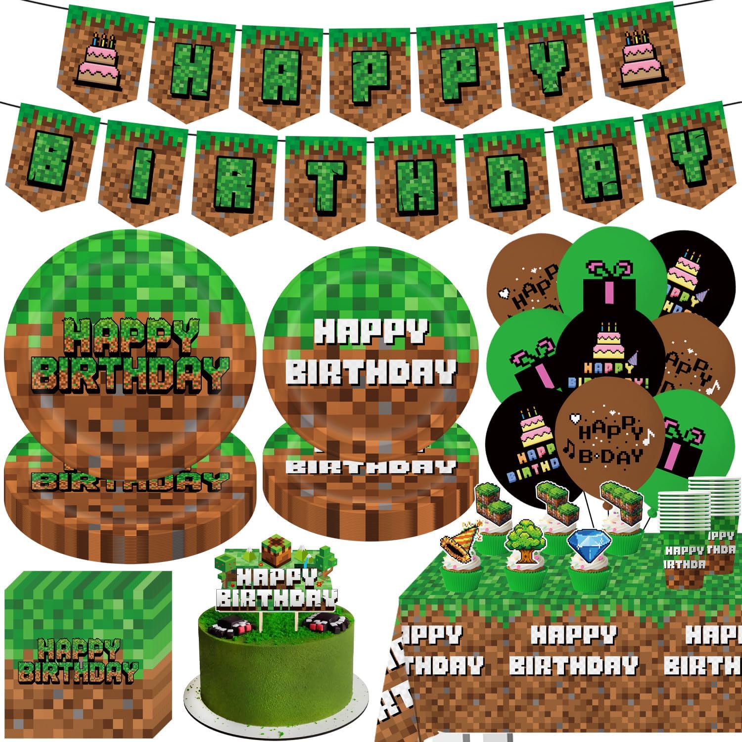 Green and Brown Video Game Birthday Party Decor Set 104Pcs