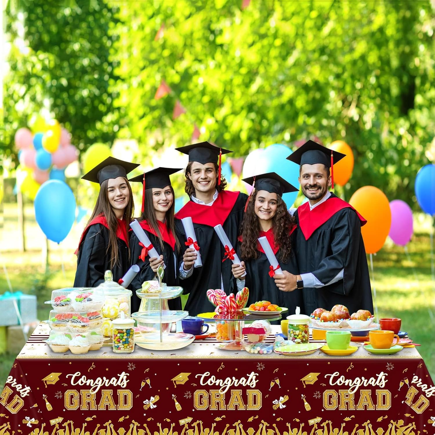 Chiazllta 3 Piece Graduation Tablecloth Set Maroon Gold
