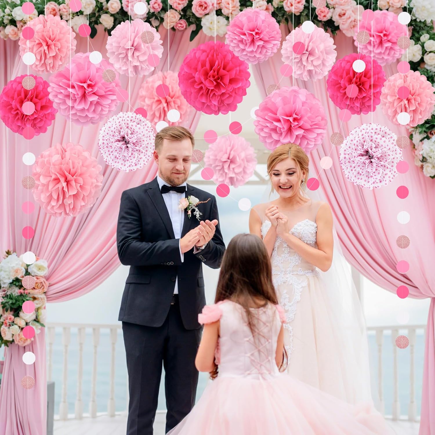 Pink Tissue Paper Pom Poms Garland 16PCS