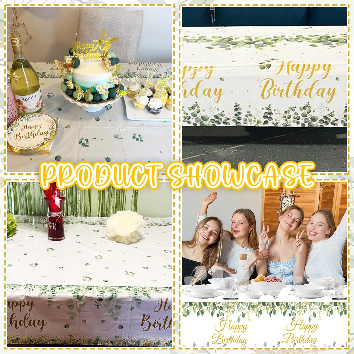 3 Pack Sage Green Glitter Tablecloths with Happy Birthday Text