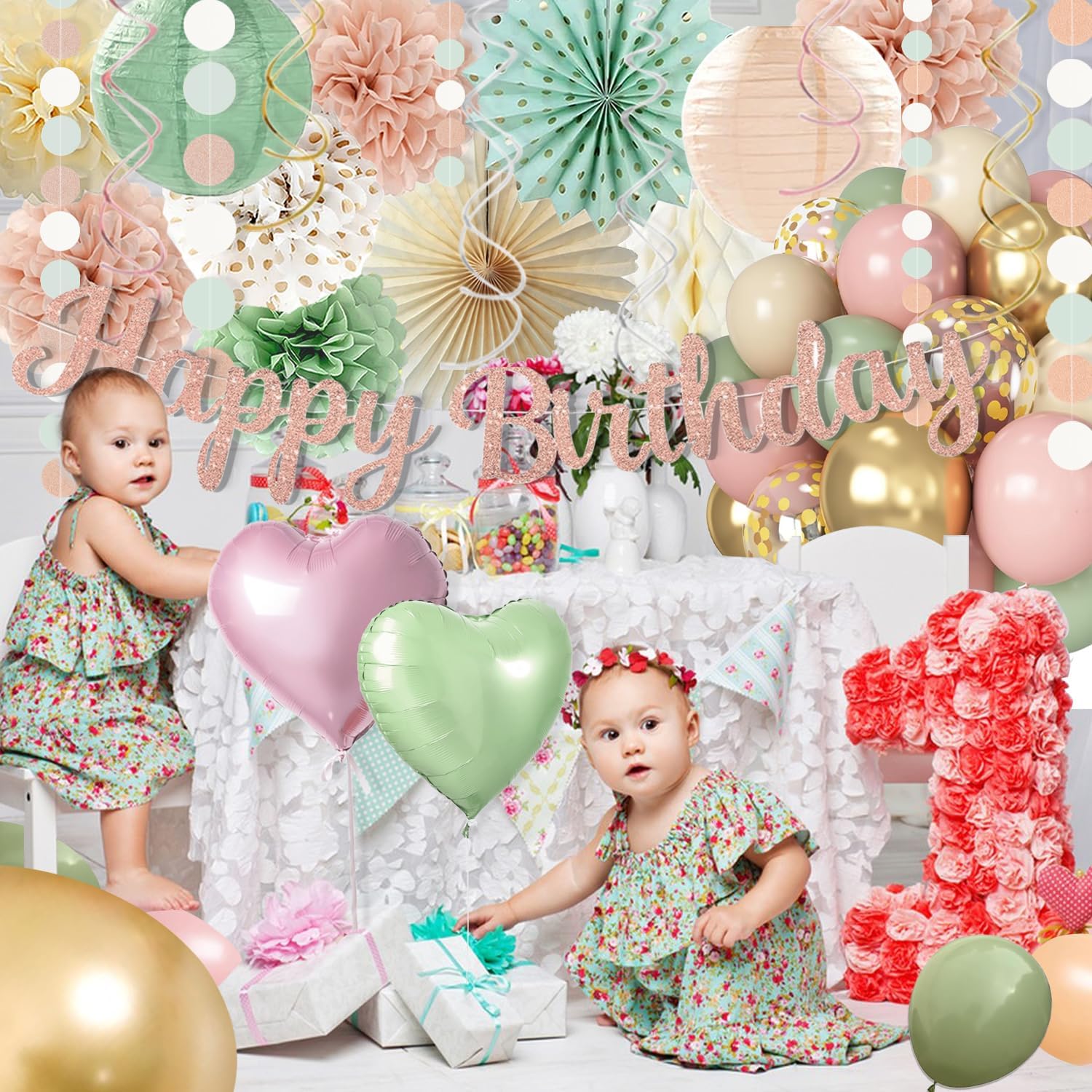 Sage Green Blush Pink Birthday Decorations for Women Girls