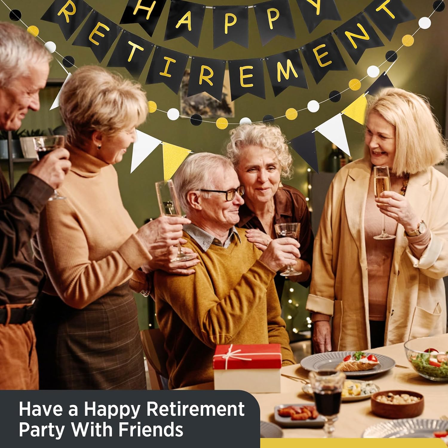Happy Retirement Banner Black Gold Decorations Kit
