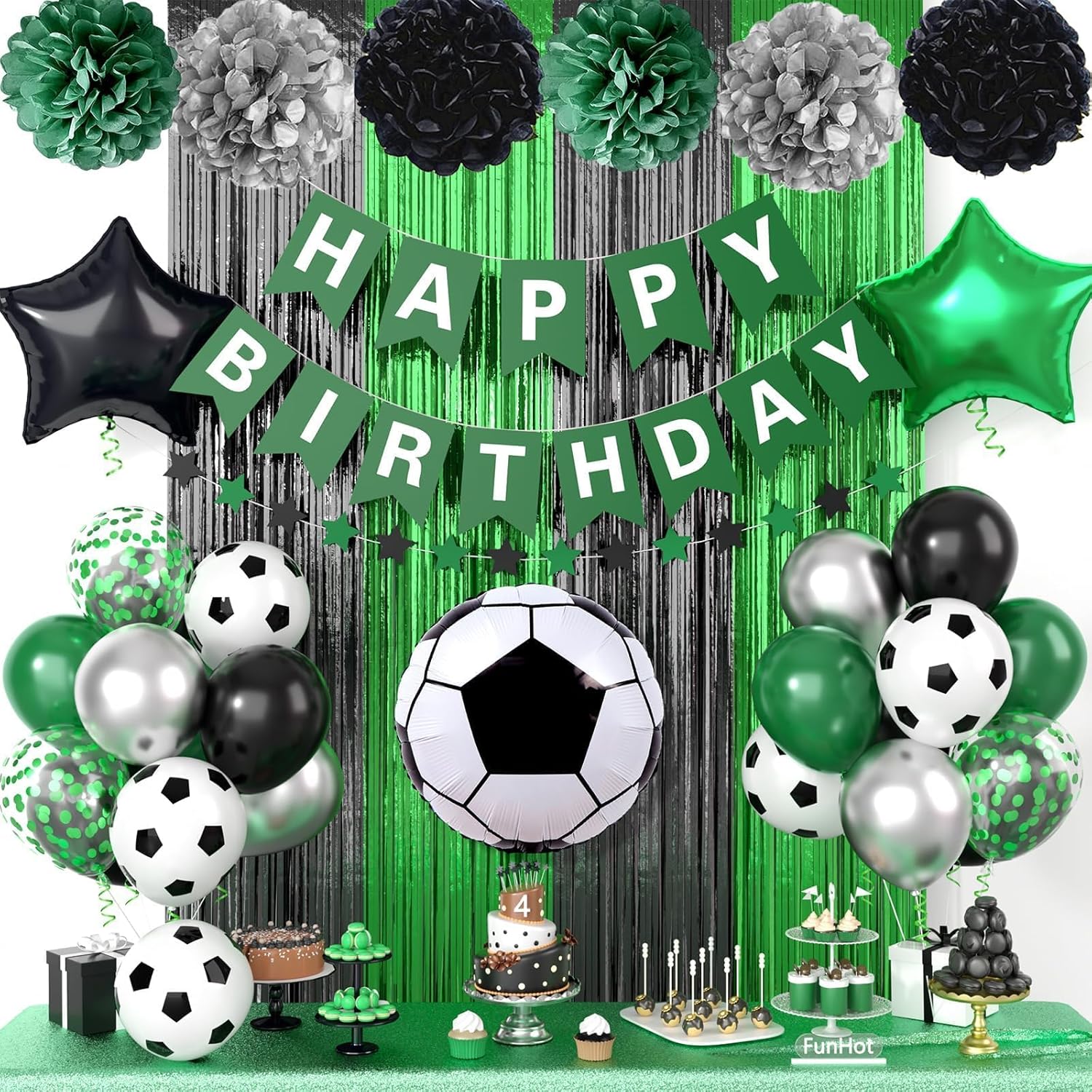 Soccer Party Decor Set Green Black Balloons and Tissue Poms