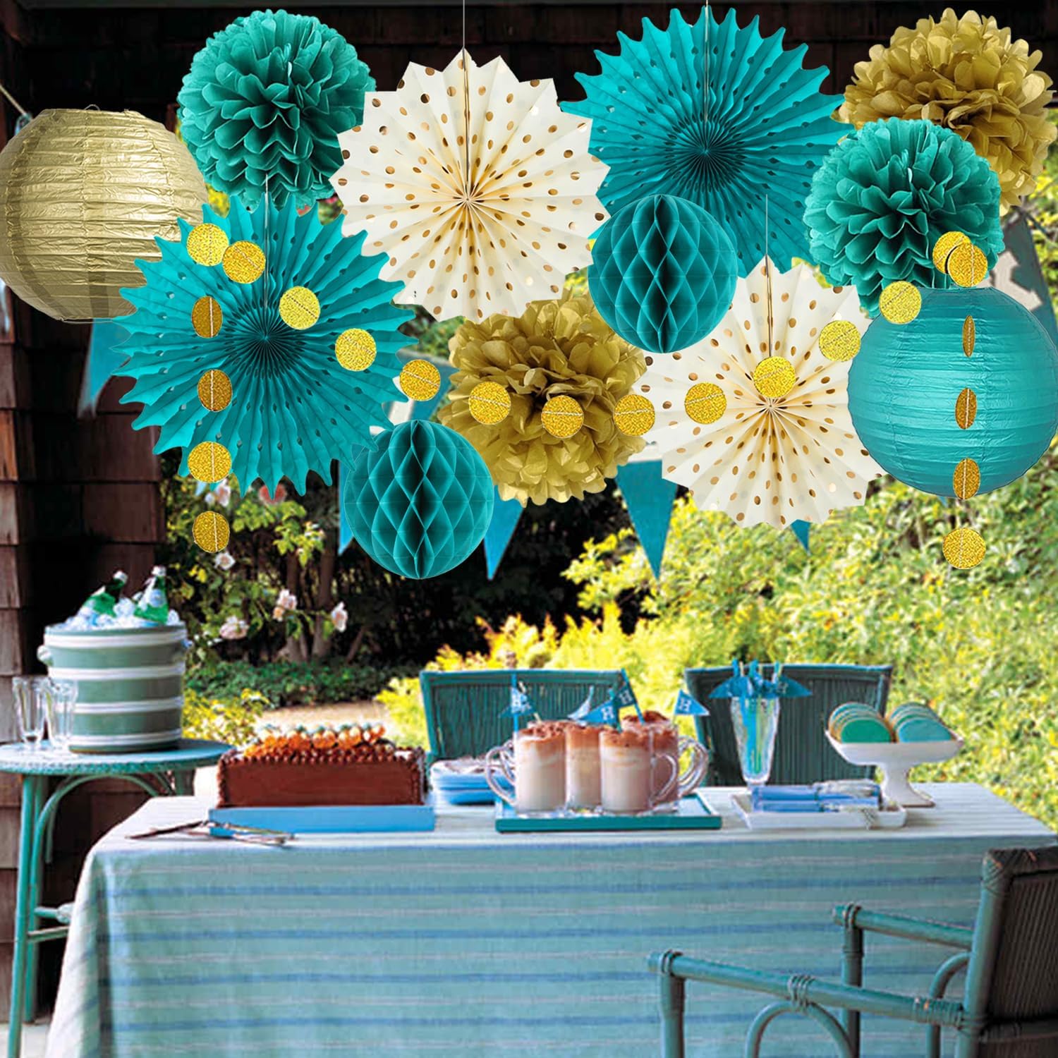 Teal Gold Party Decorations Tissue Pom Poms Garland Fans Lanterns