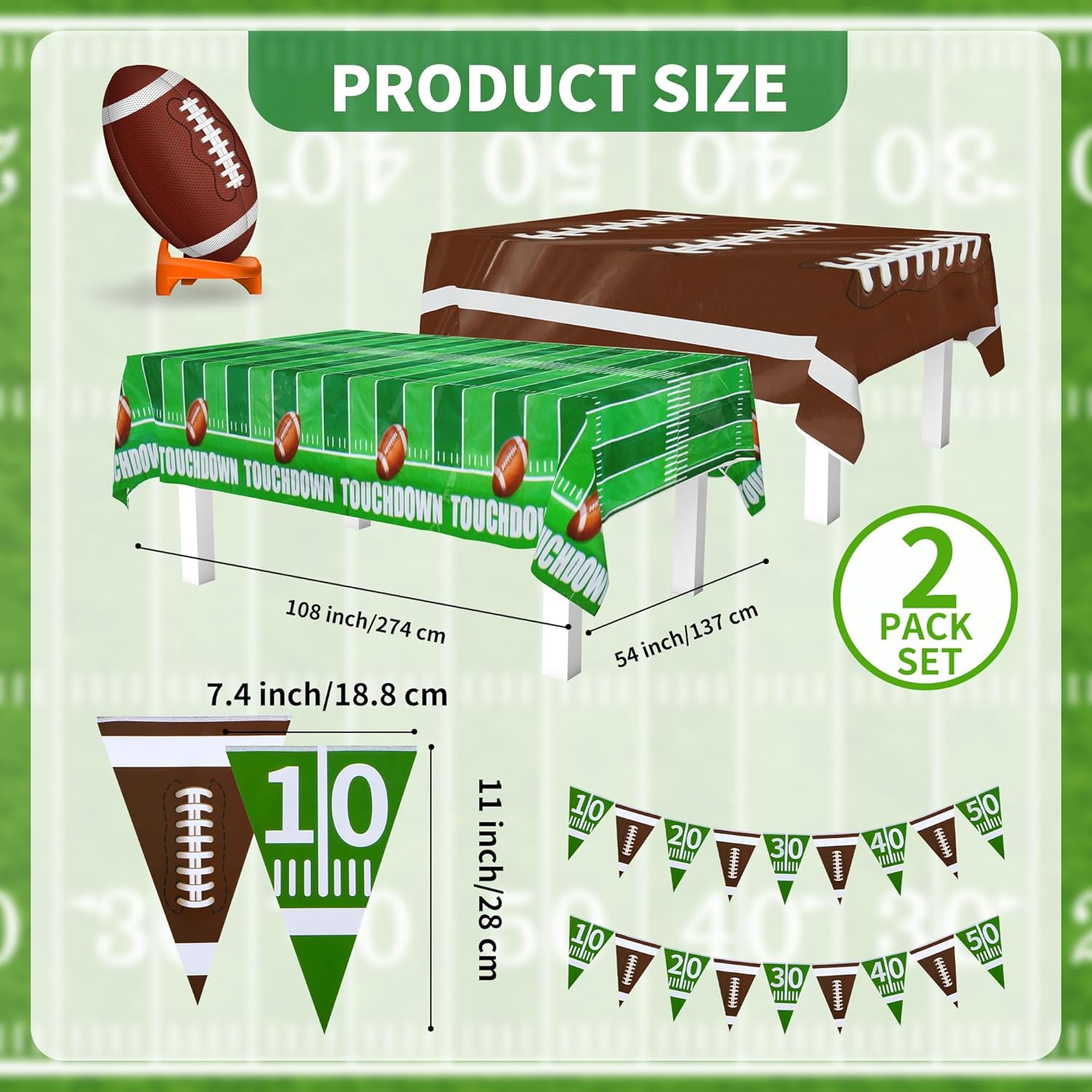 MATUFF Football Tablecloth 54x108 2 Pack with 2 Triangle Banners