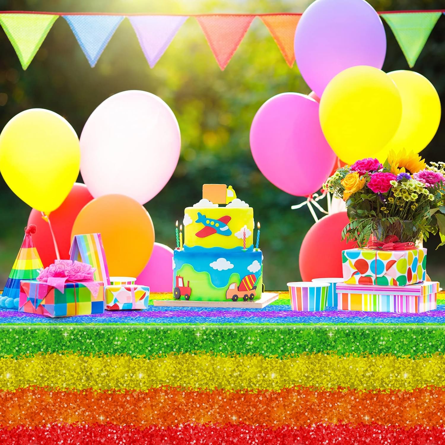 Tudomro Plastic Rainbow Tablecloth 54x108 Inch Set