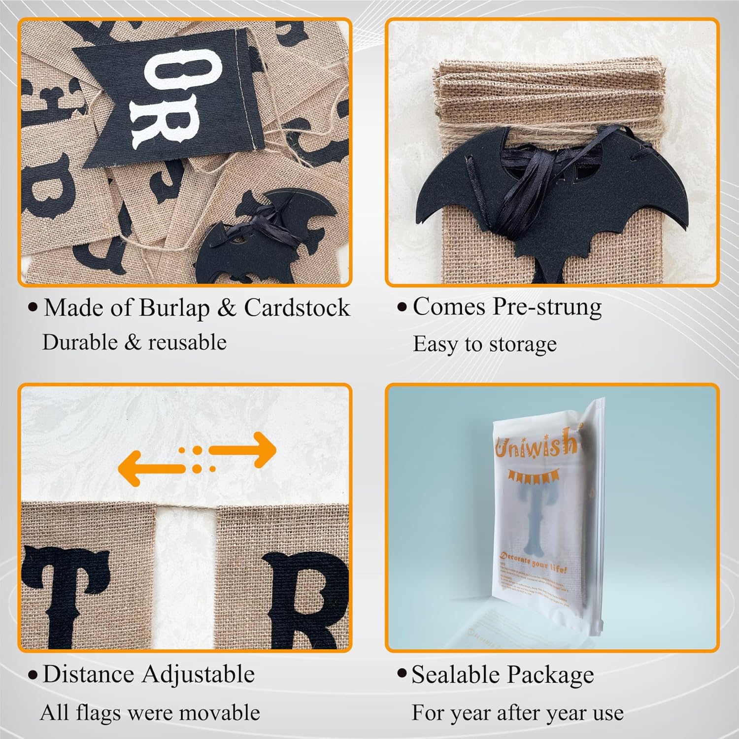 Uniwish Halloween Burlap Glitter Bat Decor Banners