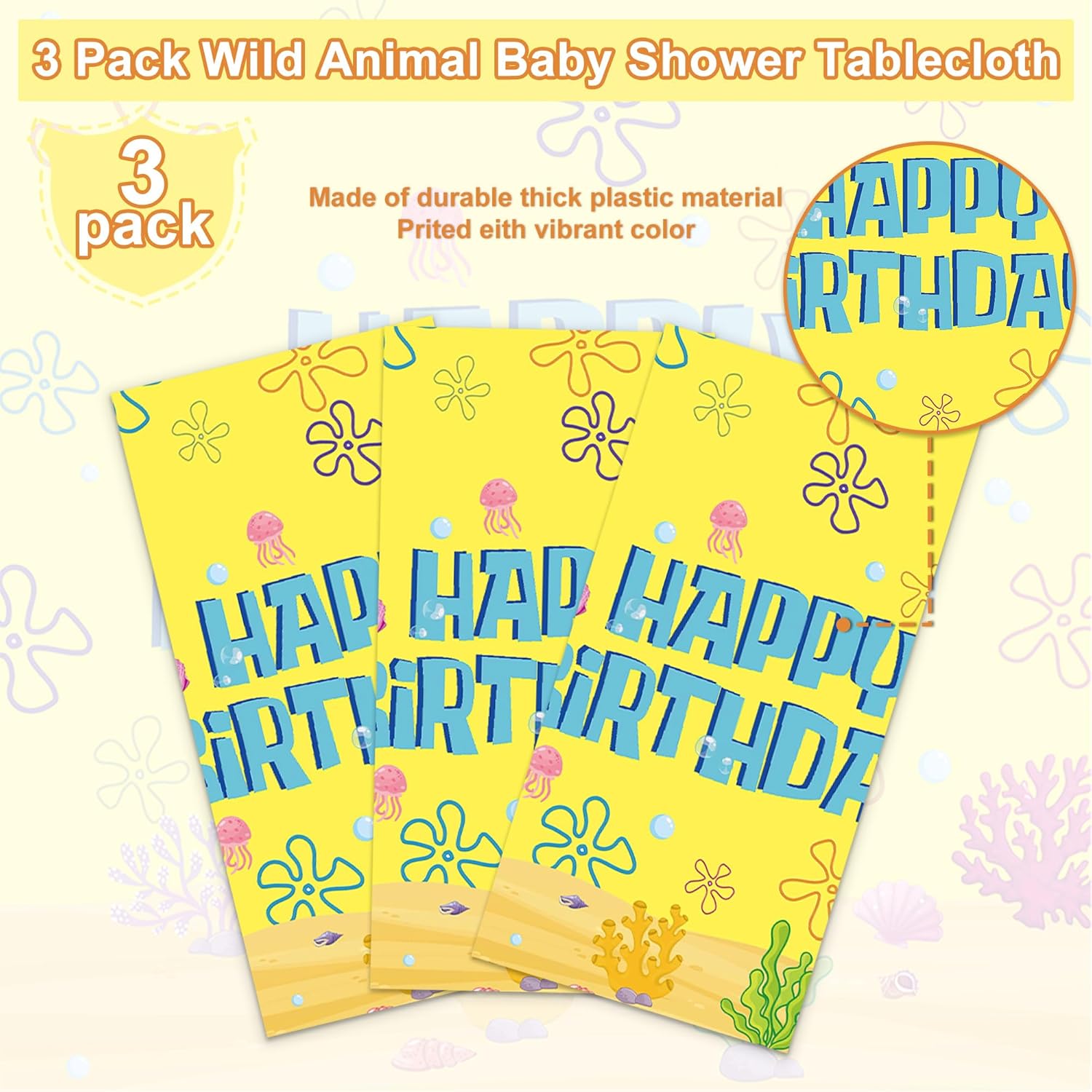 3PCS Yellow Cartoon Party Tablecloth Set for Kids Birthday