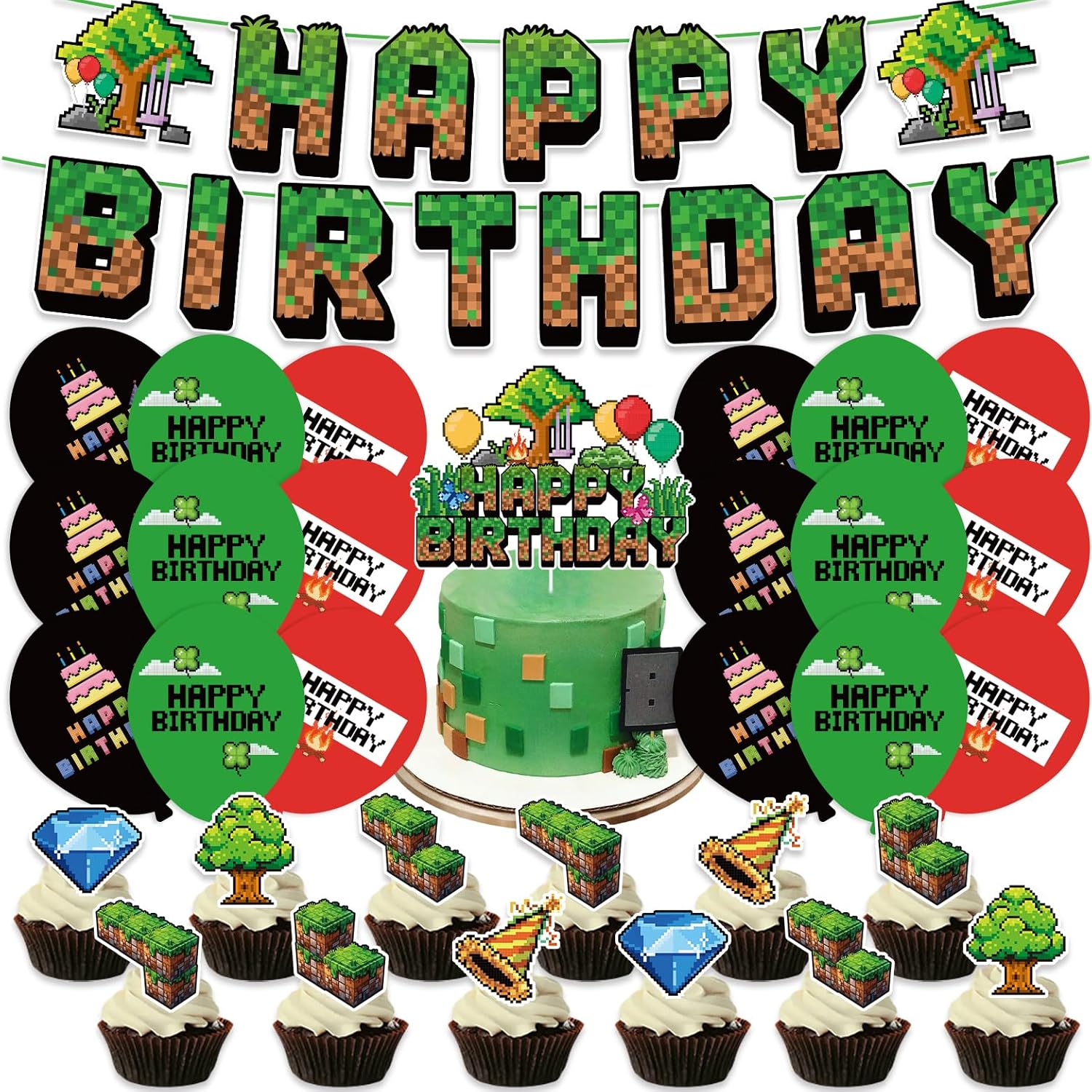 Green and Brown Gaming Birthday Party Decorations 32pcs