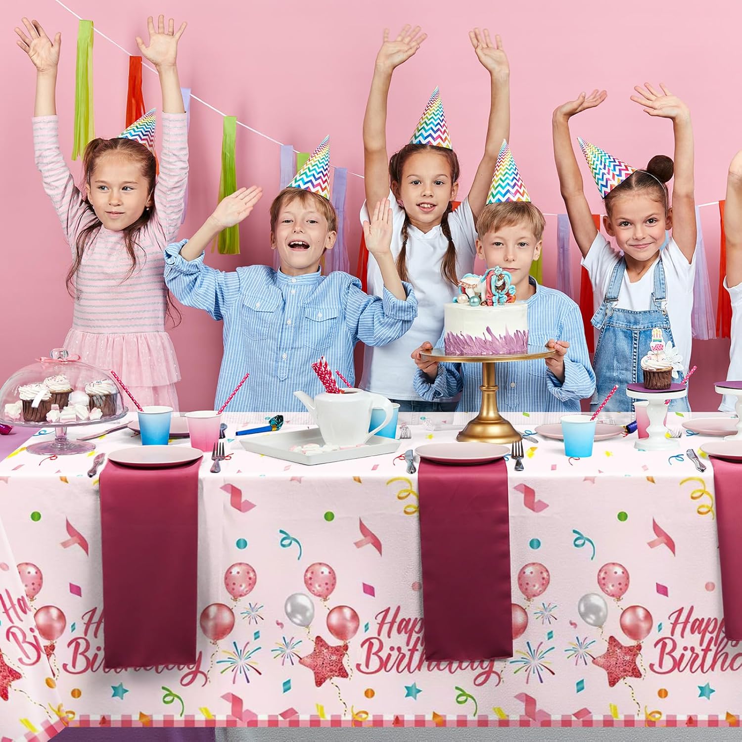 Oudain 3 Pcs Pink Birthday Tablecloths