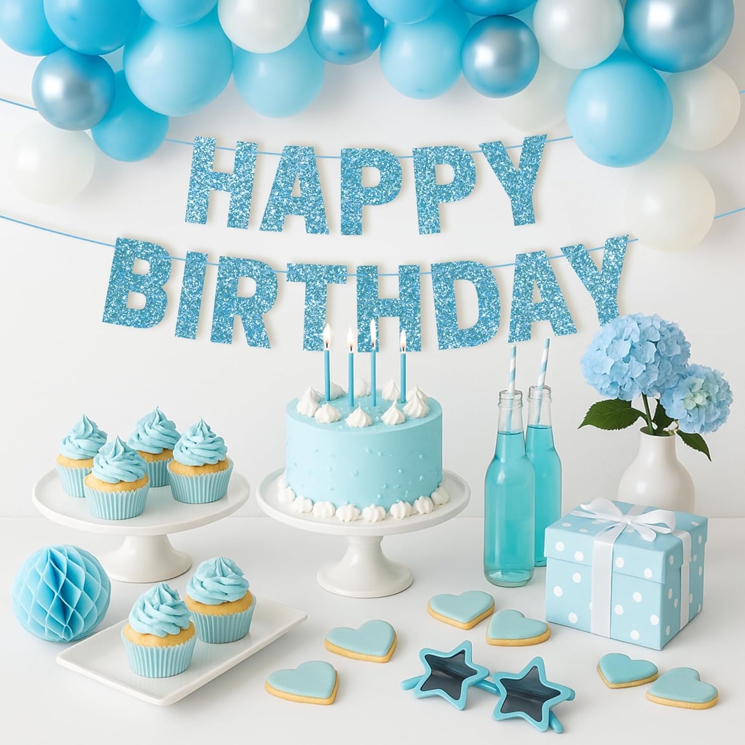 Light Blue Glitter Happy Birthday Banner - Pre-Strung