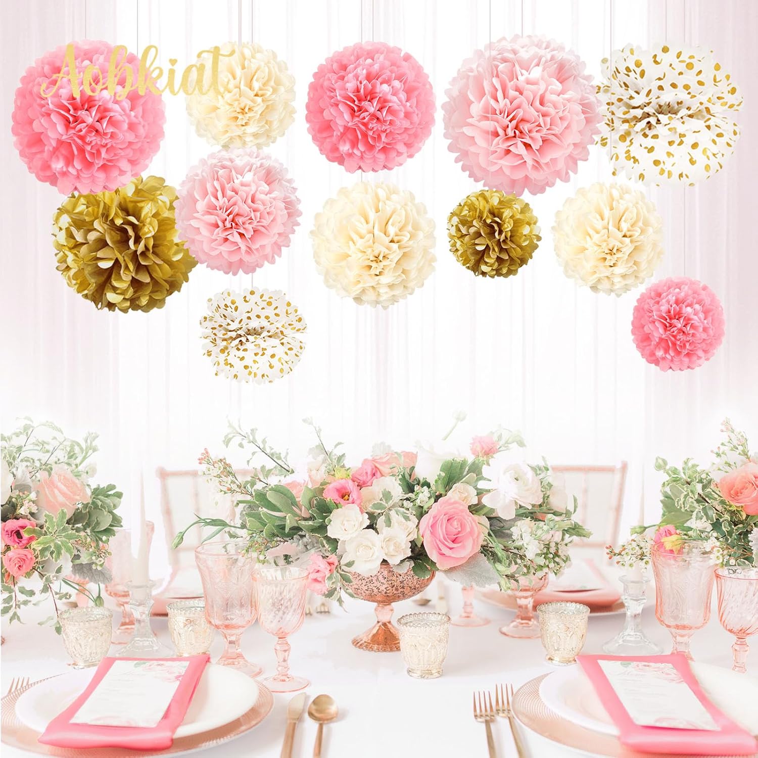 AOBKIAT Pink Gold Tissue Paper Pom Poms Set 12PCS