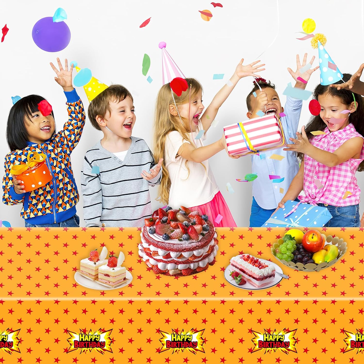 3Pcs Anime Party Tablecloth Yellow Red Stars Print