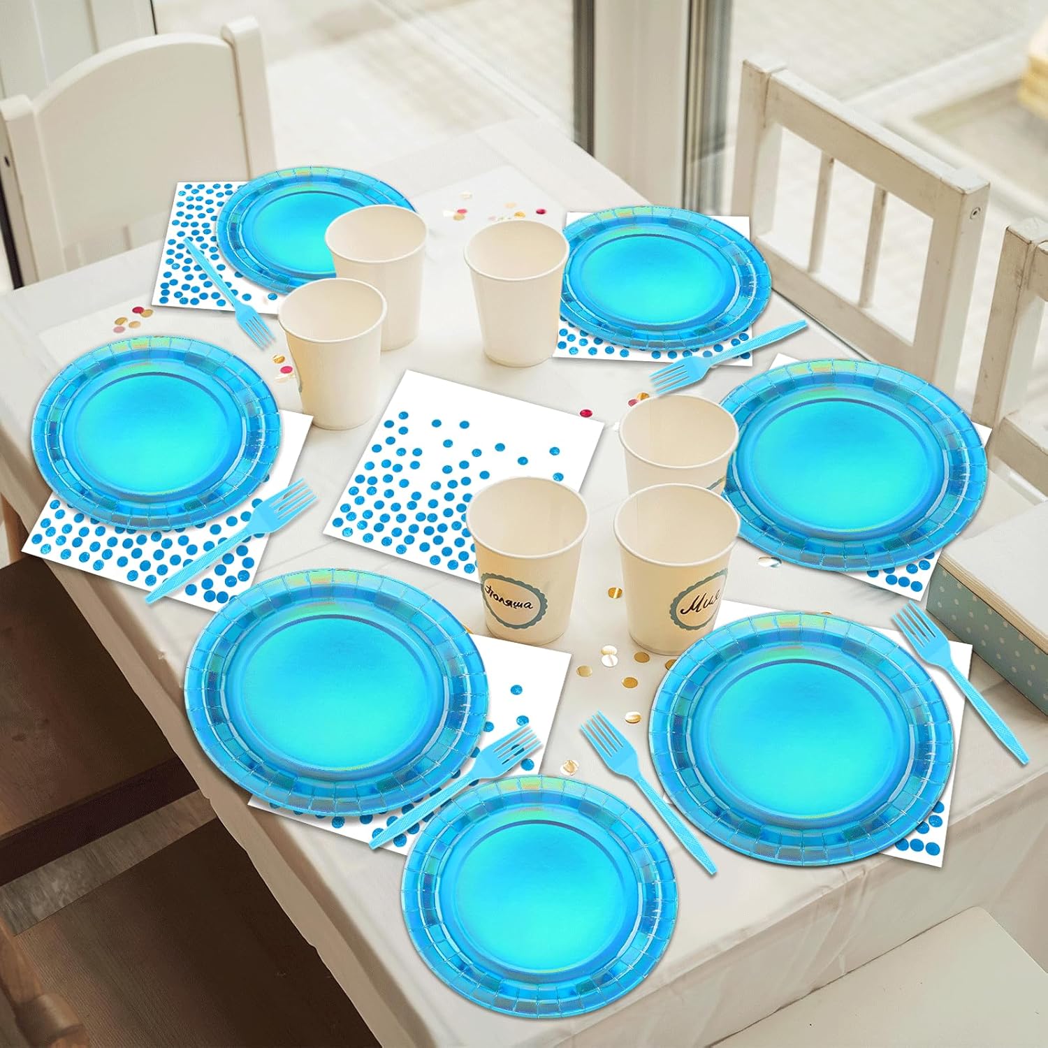 100 Pcs Iridescent Blue Plates and Napkins Party Set