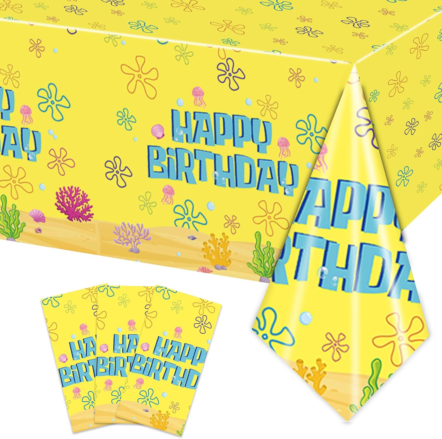 3PCS Yellow Cartoon Party Tablecloth Set for Kids Birthday