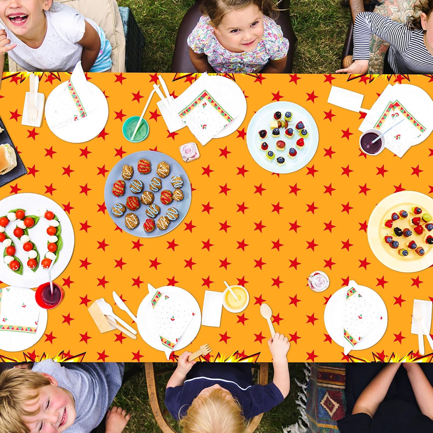 3Pcs Anime Party Tablecloth Yellow Red Stars Print