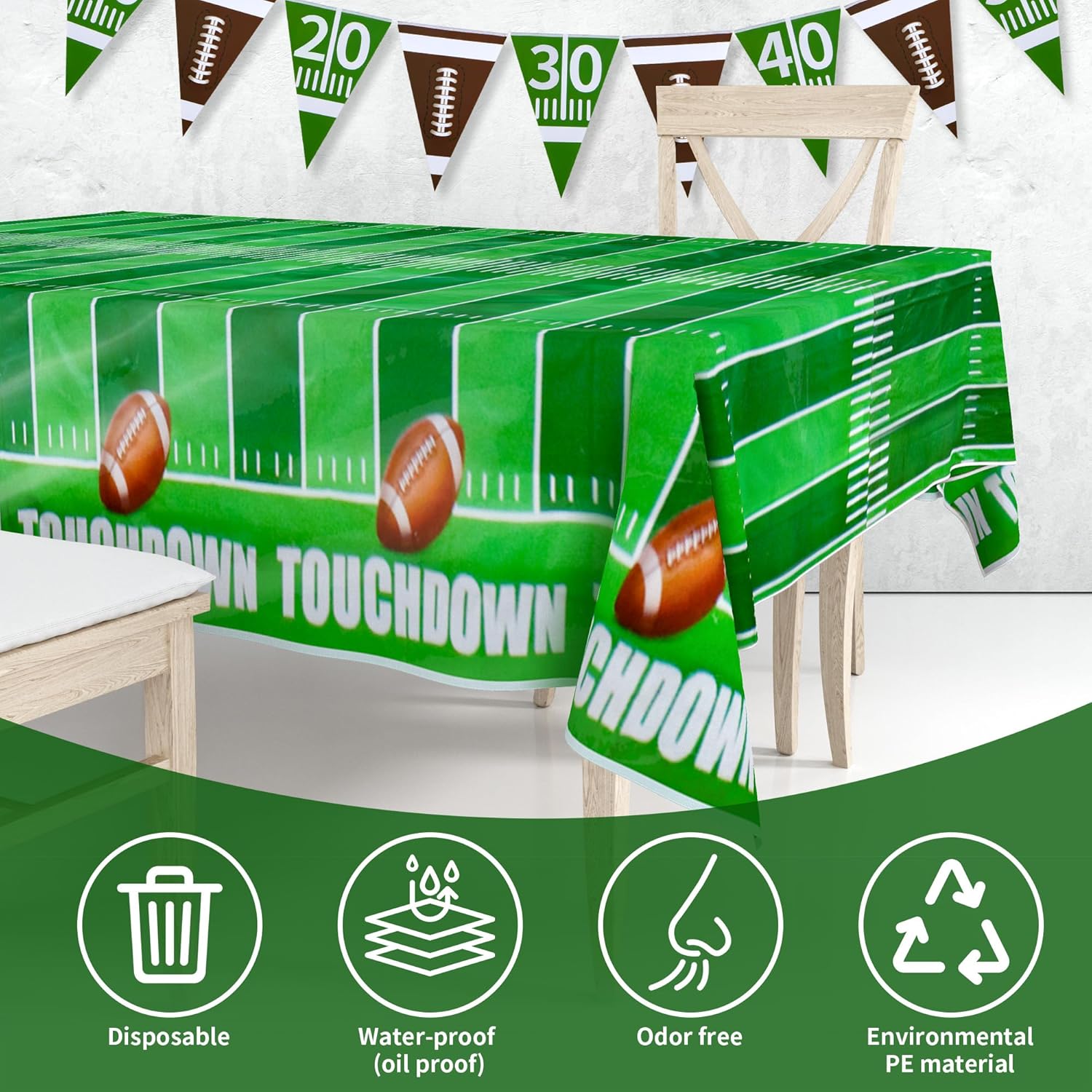 MATUFF Football Tablecloth 54x108 2 Pack with 2 Triangle Banners