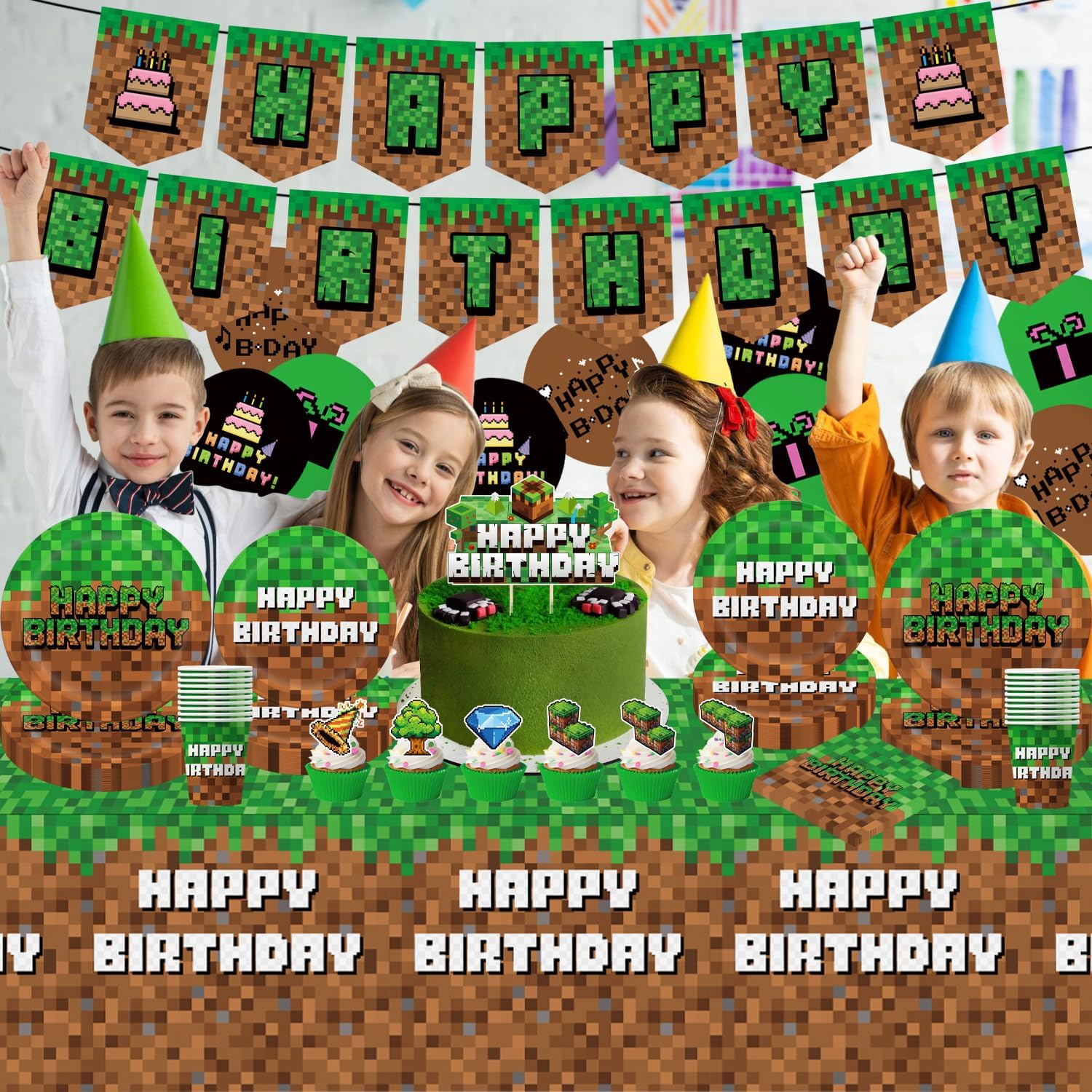 Green and Brown Video Game Birthday Party Decor Set 104Pcs