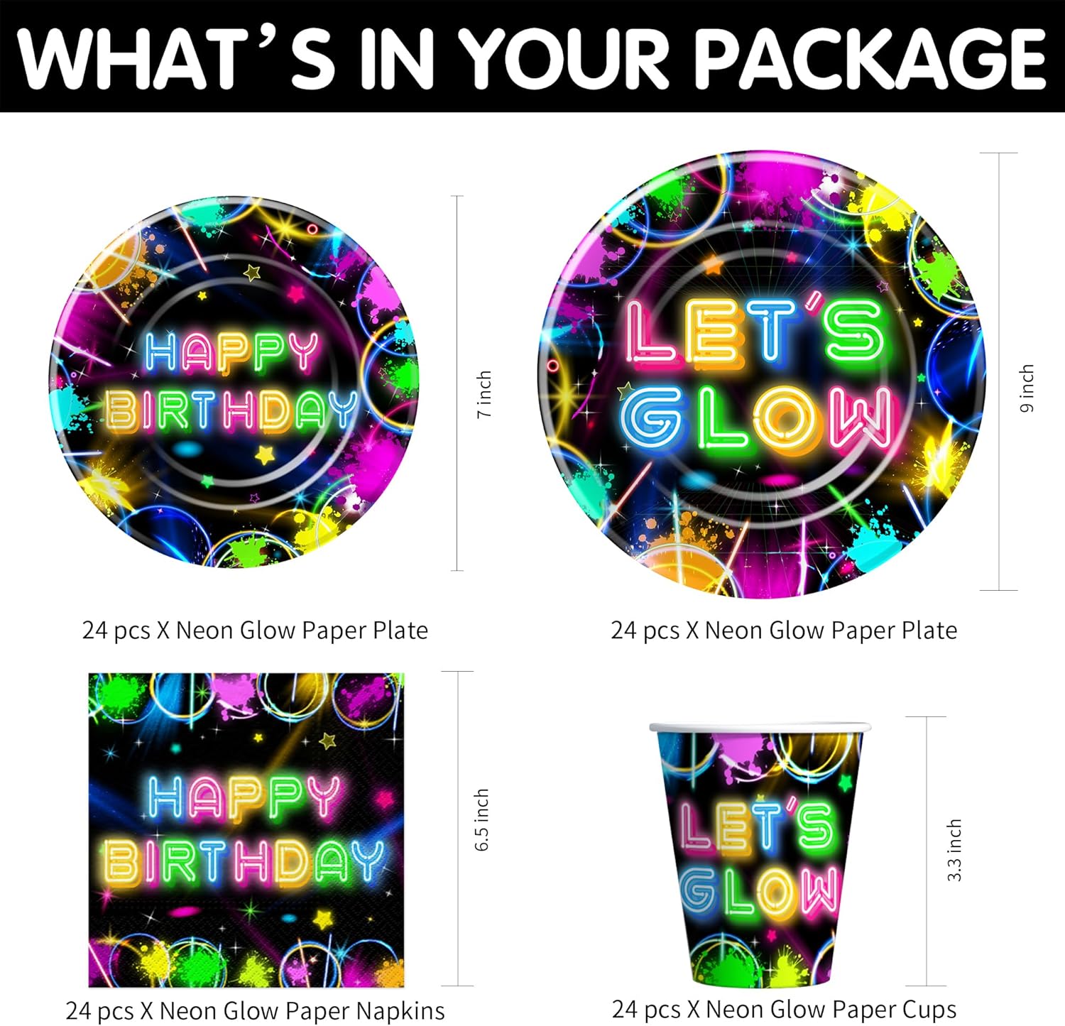Neon Glow Birthday Party Decorations Set Serves 24